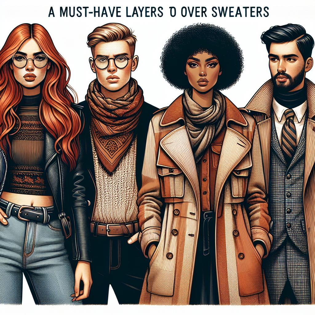 Create a detailed fashion-themed image showcasing a variety of must-have layers to wear over sweaters. Illustrate four different styles: a fire-haired Middle-Eastern woman in a chic leather jacket, a Caucasian man with spectacles flaunting a vintage corduroy shawl, a Black woman with a funky hairdo looking classy in a long-sleeved denim jacket, and finally a South Asian man with a beard, pulling off a stylish trench coat. All of them should be trendy, contributing towards fall or winter fashion, showing the versatility of outfit layering.