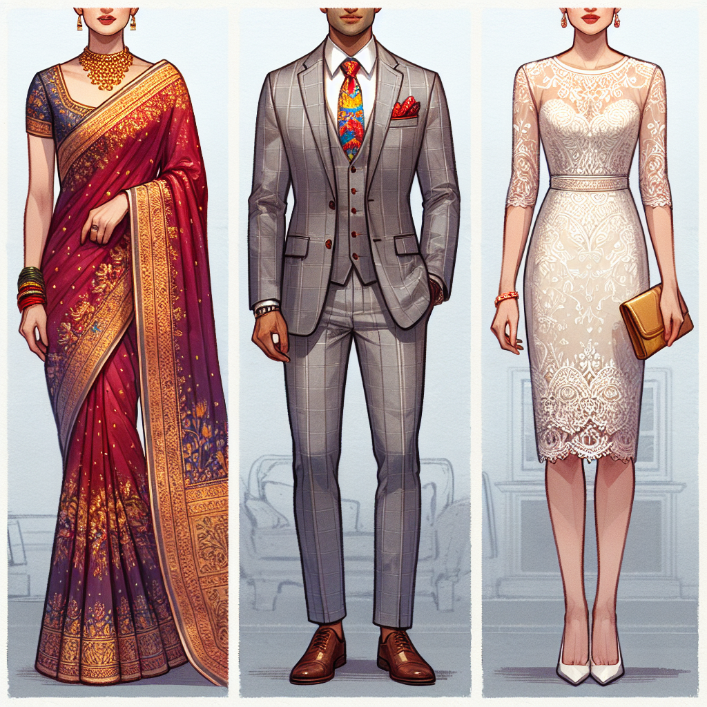 What to Wear for a Civil Wedding: Stunning Looks Create a visual representation showcasing three different outfit options for a civil wedding. The first outfit represents a South-Asian woman wearing a lavishly embroidered saree in shades of crimson and gold. The second outfit belongs to a Hispanic man donning a sharp gray tailored suit paired with a vibrant patterned tie. The third outfit embodies the fashion choice of a White woman decked in a tasteful knee-length ivory lace dress. These ensembles should reflect the elegance and sophistication appropriate for a civil wedding.