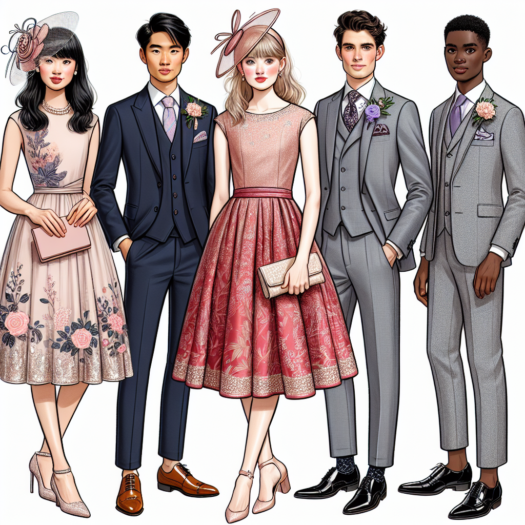 Elegant Outfit Ideas for Any Wedding Guest Depict a visually diverse array of individuals at a wedding reception. Include a Caucasian woman in an elegant pastel floral dress with jewel detailing, accessorised with a beige fascinator and matching clutch. Portray a Hispanic man in a crisp navy blue suit paired with a pastel pink tie, black patent leather shoes, and a matching pocket square. Display an Asian woman wearing a sophisticated scarlet brocade sheath dress with a pearl-embellished clutch. Lastly, show a Black man looking classy in a grey three-piece suit, a lavender pocket square peeking from his chest pocket, and polished brown brogues.