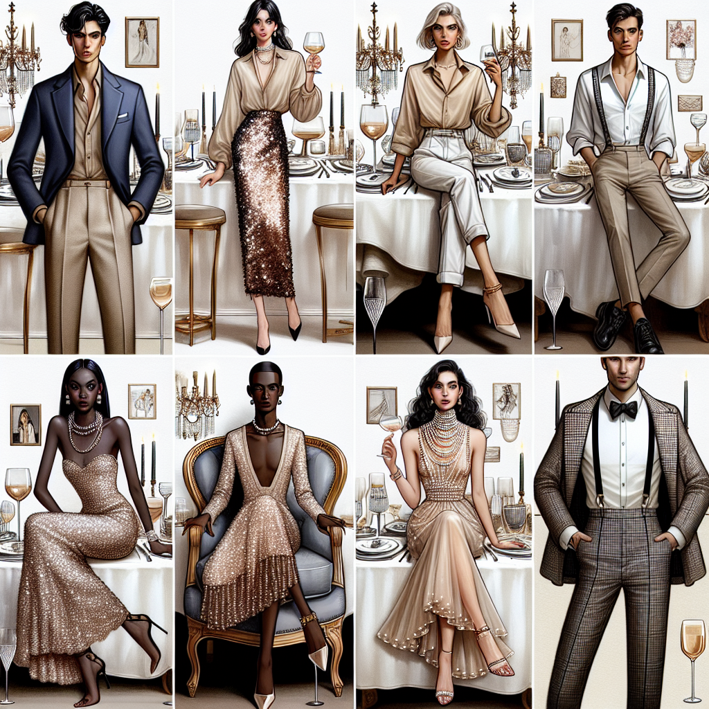 Imagine a fashion editorial spread showcasing various stunning outfits built around a simple beige shirt, intended for a fancy dining setting. Picture first, a South Asian man wearing the beige shirt with a navy blazer and slim-fit pants, then a Middle-Eastern woman pairing the shirt with a sequined midi skirt and high heels. Next visualize a Black woman accessorizing the shirt with pearls and palazzo pants, and finally, a Caucasian man styling it with suspenders, bow tie, and tailored trousers. Each scene includes fine dining elements like crystal glassware, plush velvet chairs, chandeliers, and ornate silverware.