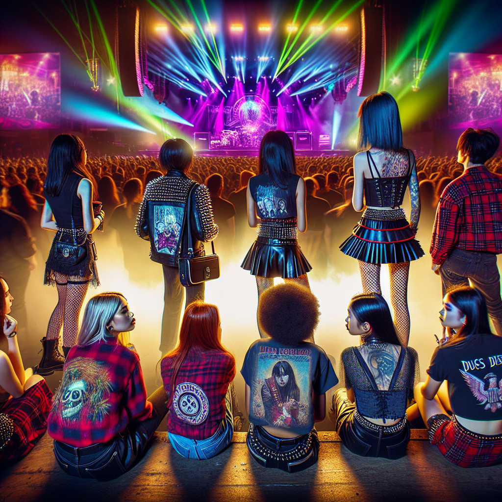 Stunning Styles for a Korn Concert: Rock Your Look! A vibrant scene at a rock concert hall, the stage is ignited with colorful lights, lasers, and the energy is palpable. Concert-goers are showcasing unique styles perfect for a rock concert. A South Asian woman sports a grunge flannel with ripped jeans and combat boots. A Middle Eastern man adorns a vintage band shirt with black skinny jeans. A black woman embraces an edgy look with a studded jacket and leather skirt. Some fans also wear band merchandise. The variety in the crowd represents the eclectic styles synonymous with rock culture.