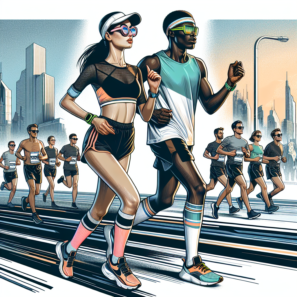 Stunning Marathon Outfits: Feel Effortless & Fast An illustration showcasing a scene at a marathon sporting event. The runners, a Hispanic woman and a Black man are the focal point, dressed in trendy light-weight running attire. The woman's gear includes neon-colored trainers, a pair of stylish round sunglasses, and a sleek cap, while the man sports a neon fitness watch, a dynamic headband, and breathable, quick-dry shorts. In the background, a diverse group of spectators cheer them on. Portray a mood of exhilaration and speed, with the urban landscape speeding past in a blur.