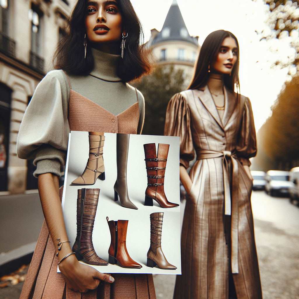 A fashion-forward image depicting two models of diverse ethnicity, one South Asian woman and one Caucasian woman, each showcasing their unique sense of style. They are both wearing midi dresses, tailored to their figures, and complimented by stunning sets of boots. Show the boots in exquisite detail, highlighting their unique features and design elements. The setting is an effortlessly chic, urban backdrop, with gentle, warm lighting that accentuates their outfits. They share some style tips - perhaps a fashion magazine or a style guide is visible in their hands. Make the overall aesthetic fashionable, elegant and appealing.
