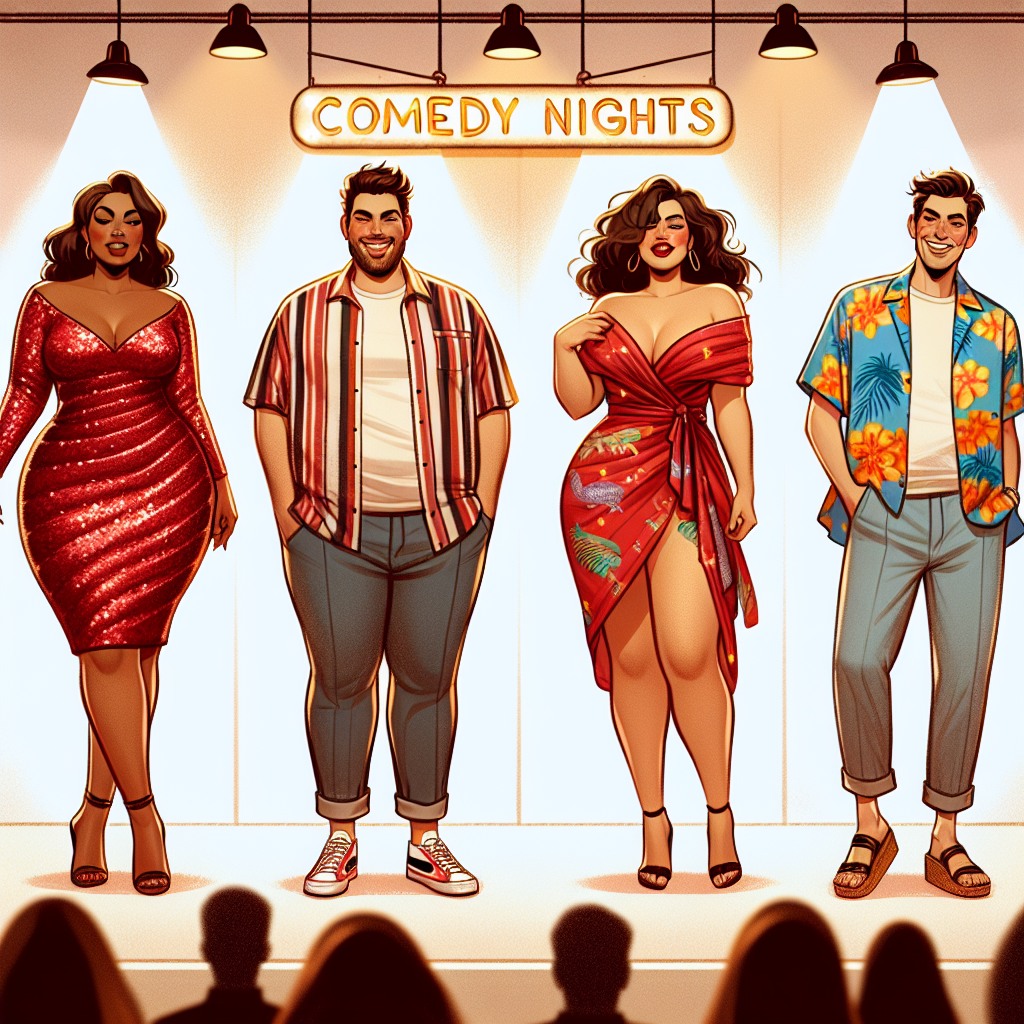 Must-Have Plus Size Outfits for Comedy Nights Imagine a collection of plus size outfits perfect for comedy nights. The scene should depict four sets of clothing, each set demonstrating its own unique style. The first outfit on the left, a bold red sequin dress worn by a confident Black woman. The second, a chic, comfortable ensemble featuring a stripped t-shirt and jeans, modeled by a relaxed Hispanic man. The third, a stylish jumpsuit with floral patterns donned by a fashionable Middle-Eastern woman. And the last, a vibrant Hawaiian shirt paired with denim shorts, sported by an easygoing South Asian man. The backdrop should be light-hearted and match the jovial theme of comedy nights.