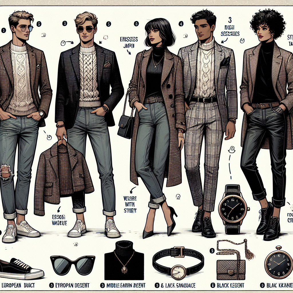 Tweed Jacket Styles: Must-Have Looks & Effortless Tips Visualize a style guide displaying multiple interpretations of wearing a tweed jacket. This includes a European descent man wearing it in a casual style, paired with jeans and sneakers. Also, picture a Middle-Eastern descent woman showcasing a more formal outlook, wearing it with a skirt and high heels. Incorporate a look where a Black-descent person sports it in a chic style, with a turtleneck and leather pants. Convey an effortless tip for each style, such as choosing the right accessories: a watch for the casual look, a statement necklace for the formal attire, and trendy sunglasses for the chic style.