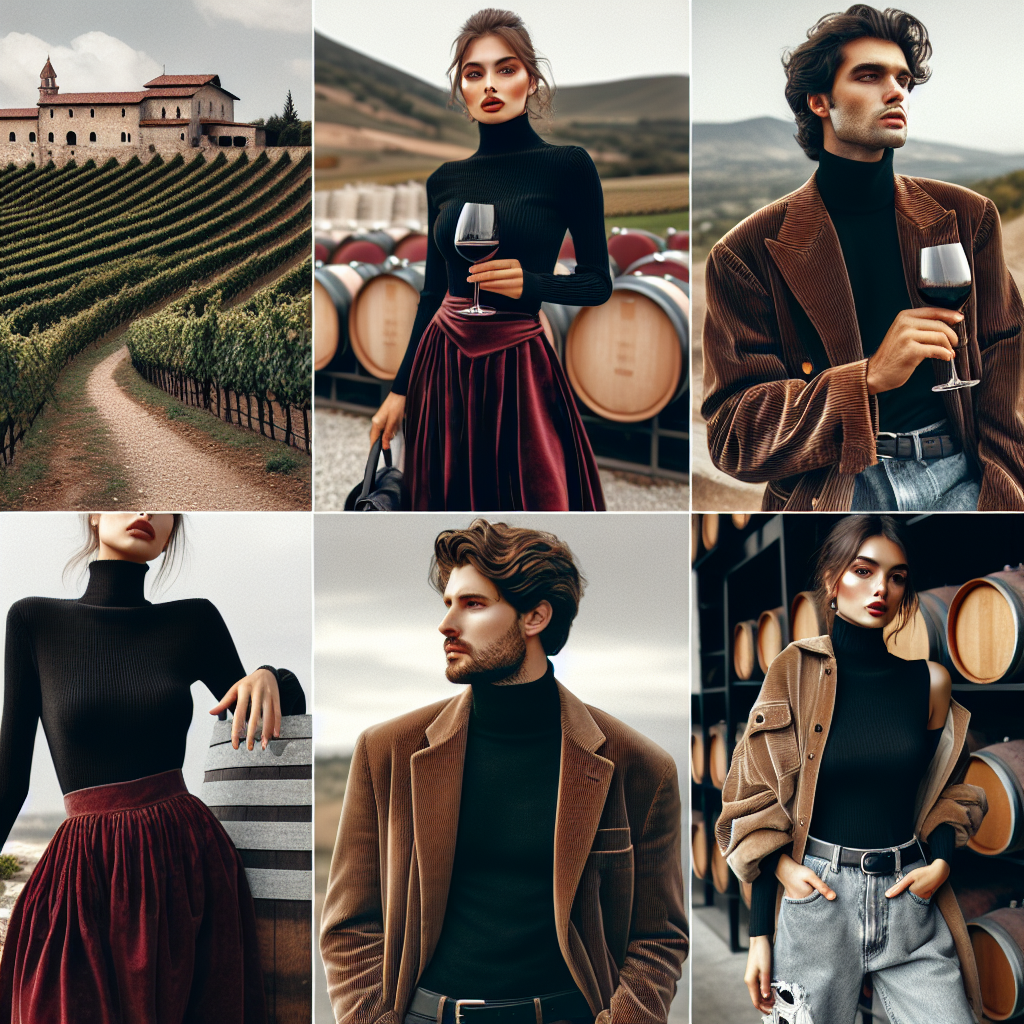 Must-Have Looks for Winery Visits with a Black Turtleneck Create a collage of images showcasing a variety of must-have looks for visiting a winery during different seasons of the year, with a focus on the versatility of a black turtleneck. The first look features a Black female wearing a knitted black turtleneck and burgundy midi skirt, holding a glass of red wine while overlooking a vineyard. The second image depicts a Caucasian male in a black turtleneck, layered under a tan corduroy blazer, exploring the cellars. The third image contains a Middle-Eastern female with a black turtleneck, paired with a bulky oatmeal-colored cardigan and distressed denim jeans, partaking in a wine tasting.
