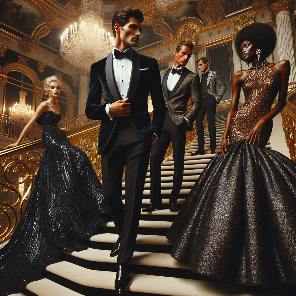 Stunning Black Tie Ball Attire: Must-Have Looks! Envision a captivating scene at a high-end black-tie ball. On the grand staircase, a South Asian man dons an impeccable black tuxedo with a satin lapel, a stark white shirt, and a carefully tied bow tie. Closeby, an African woman graces the floor in a sequined evening gown of midnight blue hugging her figure beautifully. To the side, a Caucasian man in a unique charcoal grey tuxedo engages in a lively chat with a Middle-Eastern woman adorned in a glistening gold, form-fitting gown. All around them, extravagant decor create a mesmerizing atmosphere of elegance and glamour.