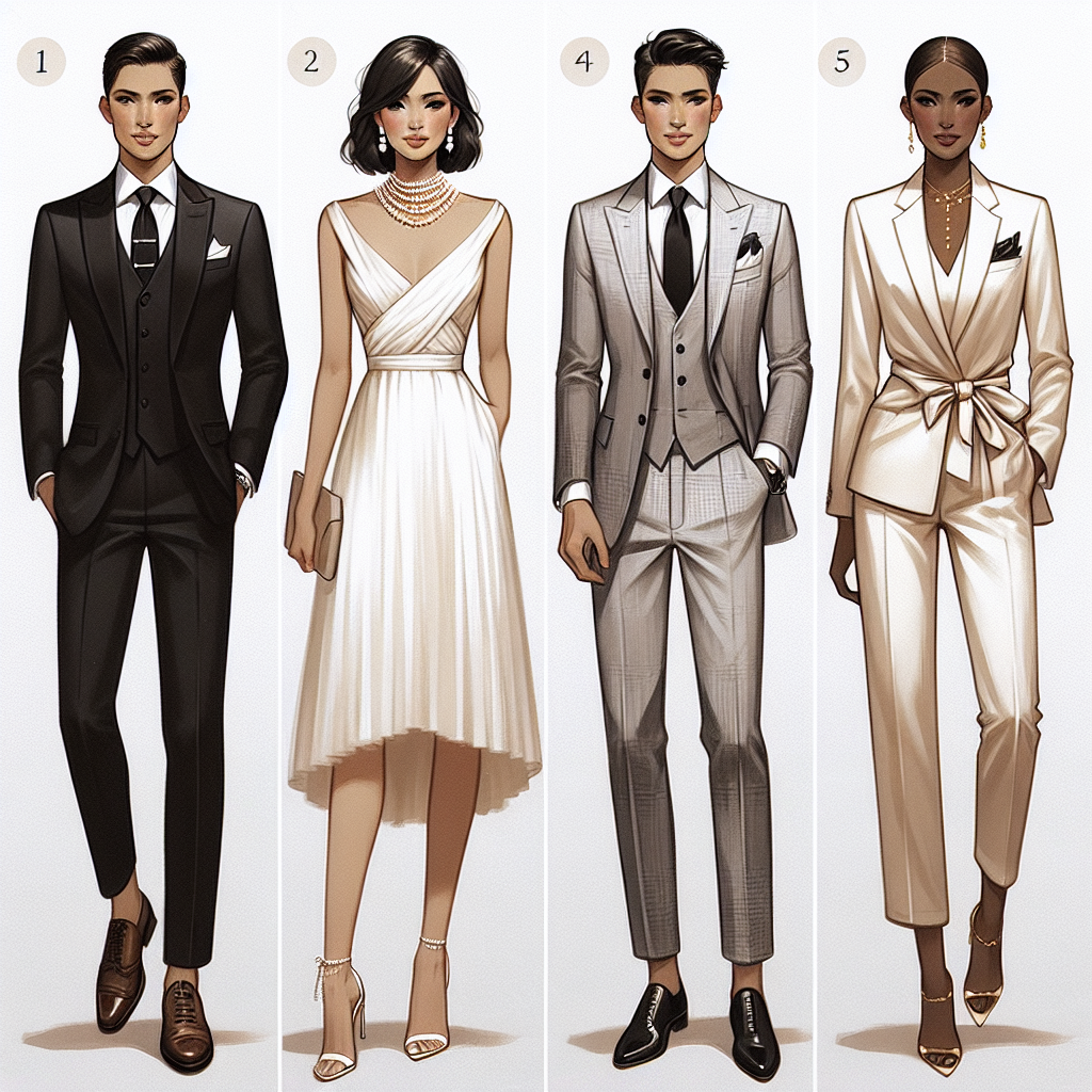 Stunning Outfits for Courthouse Weddings: Effortless Elegance Create a visual series of five stylish and elegant outfits suitable for courthouse weddings. Each attire represents a different personal style and has a unique color scheme. 1) A sophisticated black tuxedo worn by a Hispanic man complete with leather shoes and a silk tie. 2) A chic, knee-length cocktail dress in ivory for a Middle-Eastern woman accessorised with pearl earrings and stilettos. 3) An elegant white dress suit for an Asian woman to achieve a modern, corporate touch. 4) A fashionable grey three-piece suit for a Caucasian man, sporting a pocket square. 5) A contemporary champagne-colored jumpsuit for a black woman tied together with gold accents.