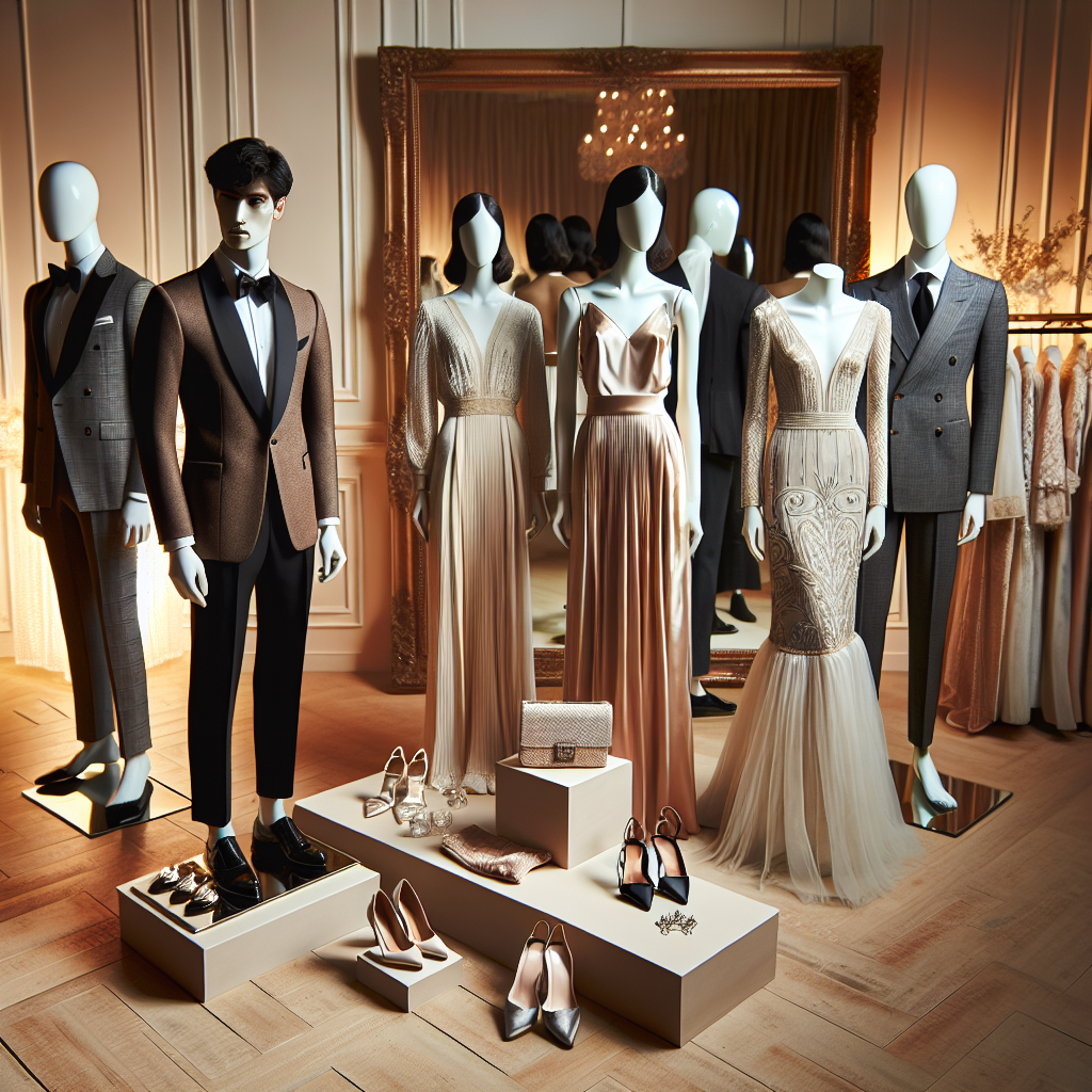 Stunning Outfits for Vow Renewals: Find Your Perfect Look An elegant clothing display for vow renewal ceremonies, featuring an array of outfit pieces that exude sophistication and refinement. There is a selection of neatly arranged dresses, suits, shoes and accessorizes with a mix of vintage and modern styles. The outfits have various sizes to fit a range of body types. There is a South Asian woman and a Hispanic man shown as mannequins, wearing the outfits. The woman wears a long, sophisticated dress and the man wears a sharp, tailored suit. In the background, a mirror reflects the soft, warm lighting of the room, creating a soothing atmosphere.