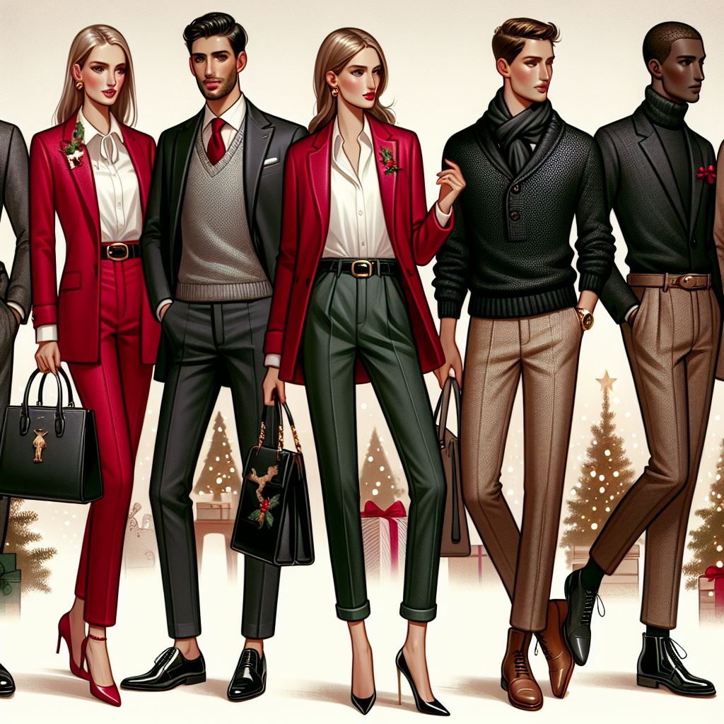 Stunning Outfits for Business Casual Christmas Party Imagine a fashion showcase containing a wide variety of business casual outfits, perfect for a Christmas party. On the left, envision a Caucasian woman confidently wearing a ruby red blazer over a white blouse, paired with black trousers and glossy black shoes. She carries a stylish black leather handbag. In the center, a Middle-Eastern man can be seen in a charcoal grey sweater over a crisp white shirt, complemented by well-tailored dark blue jeans and brown leather boots. On the right, a black woman is wearing a sophisticated green silk blouse tucked into high-waisted beige trousers, rounded off with beige heels. To set the festive mood, all outfits are tastefully accessorized with subtle Christmas-themed elements like small reindeer brooches, holly earrings, or patterned scarves with winter motifs, and in the background, the warm glow of holiday lights can be seen.