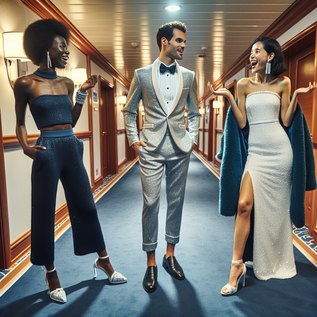 Cruise Outfits: Stunning December Styles Unveiled A hallway of a luxurious cruise ship, with berths on either side. Three people adorning themselves in winter cruise outfits are excitedly talking and laughing. Their attire displays a cool palette - a deep navy blue, sparkling silver, and crisp white. The first person, a Black woman, is wearing a chic navy-blue jumpsuit with silver accessories. The second person, Caucasian man, is dressed in a silver-gray tuxedo with a white shirt underneath. The last person, a Hispanic woman, is in a white evening gown, its sparkle matching the ship's glowing lights.