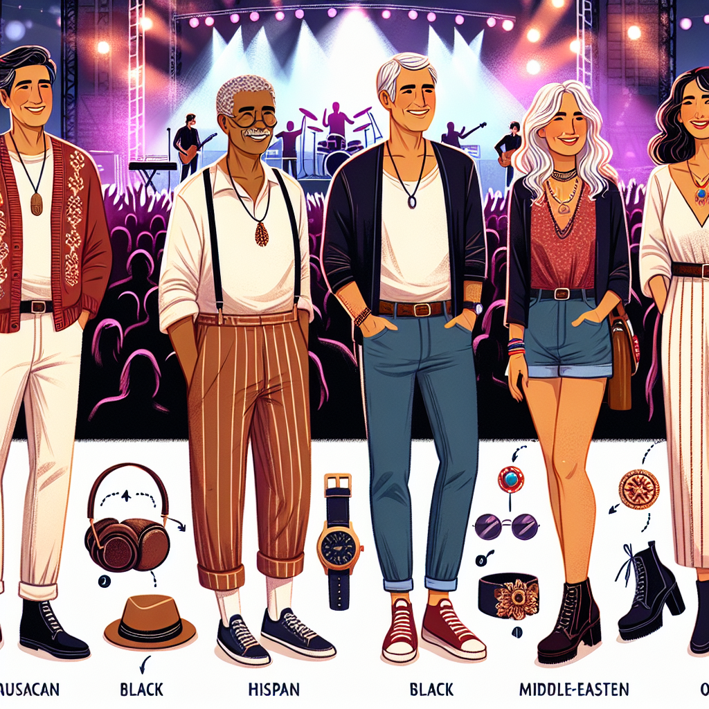 A style guide depicting a variety of concert outfits for people over 40. Illustrate four individuals of different descents - Caucasian, Hispanic, Black, and Middle-Eastern, two of whom are male and two female. Their outfits range from casual, chic to semi-formal, demonstrating the versatility in style for older concert-goers. The backdrop is a buzzing concert scene with a band on stage under vibrant lights. Capture details such as memorable accessories, comfortable footwear, and layered clothing suitable for both indoor and outdoor concerts.