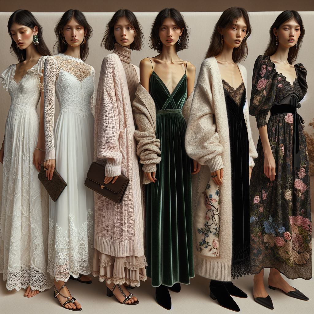 Exclusive Guide: Best Cardigans for Long Dresses at Weddings An intricate fashion spread featuring long dresses styled with various types of cardigans for wedding occasions. The first outfit is a white lace long dress on a Caucasian woman paired with a light pink chunky-knit cardigan. The second outfit features an Asian woman wearing a dark green velvet long dress paired with a beige oversized cardigan. A third ensemble sees an African woman in a floral print long dress paired with a black cashmere cardigan. Each outfit is complemented with chic, elegant accessories.