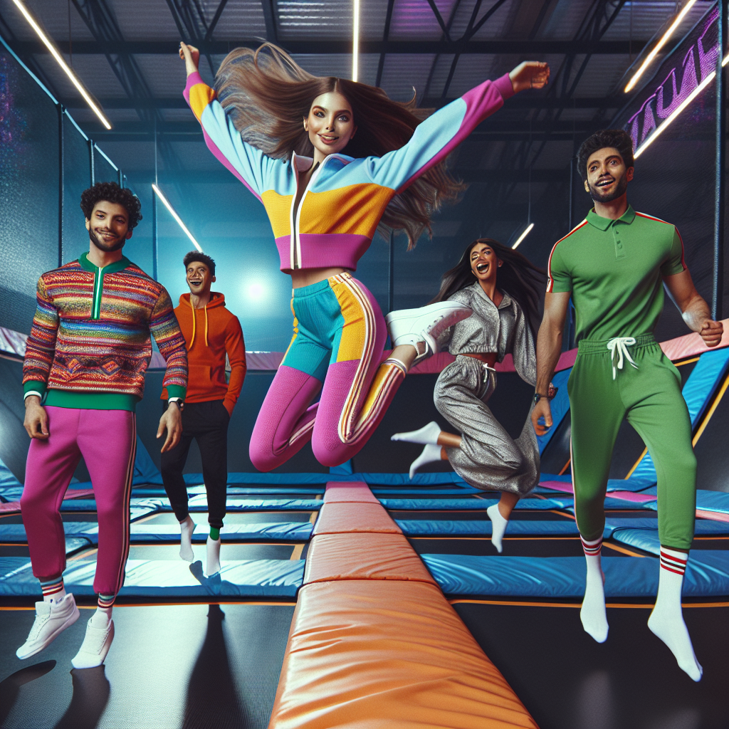 Stunning Outfits for Trampoline Park Fun! Create a captivating image of a group of people having fun at a trampoline park. There is a Caucasian girl wearing a stylish, brightly colored athletic wear with high-top sneakers. A Middle-Eastern boy near her is in a trendy hoodie and joggers, leaping in the air. A Hispanic woman off to the side is in a comfortable, chic sweat suit, laughing and cheering. Also, a South Asian man wearing a smart-casual ensemble of a polo shirt and shorts, doing flips. The background is a vibrant, trampoline-filled indoor setting with exciting lights and patterns on the walls. Emphasize on their diverse but suitable outfits for the setting.