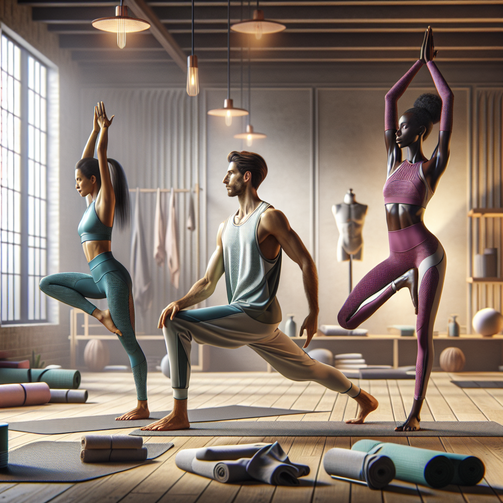 What to Wear to Yoga: Stunning & Effortless Choices Create a detailed scene featuring three individuals in a well-lit, calm yoga studio. The person on the left, a fit Middle-Eastern woman, is dressed in vibrant, lightweight yoga attire in hues of teal, expertly performing the Warrior II pose. The man in the middle, a lean Caucasian male, is demonstrating Child's pose, clad in comfortable, loose-fitting yoga clothes in neutral colors. On the right, an athletic Black woman clad in striking magenta yoga wear showcases a proficient Headstand pose. Include various yoga mats, ambient lighting, and yoga props to create an aura of tranquility.