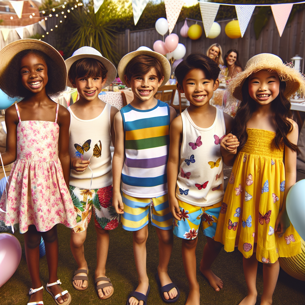 Must-Have Summer Outfits for Kids' Birthday Parties A tropical-themed outdoor kid's birthday party during summer. To the left, a girl with African descent proudly displays her pink and white floral dress, paired with a sun hat. To the center, a boy with Hispanic descent looks sporty in his colorful beach shorts and striped t-shirt. To the right, an Asian girl grins widely in her bright yellow sundress with butterfly designs. All of them are wearing sandals and have fun, summer-themed accessories such as sunglasses or festive headbands. In the background, decorations of balloons, bunting, and paper lanterns flutter in the breeze.