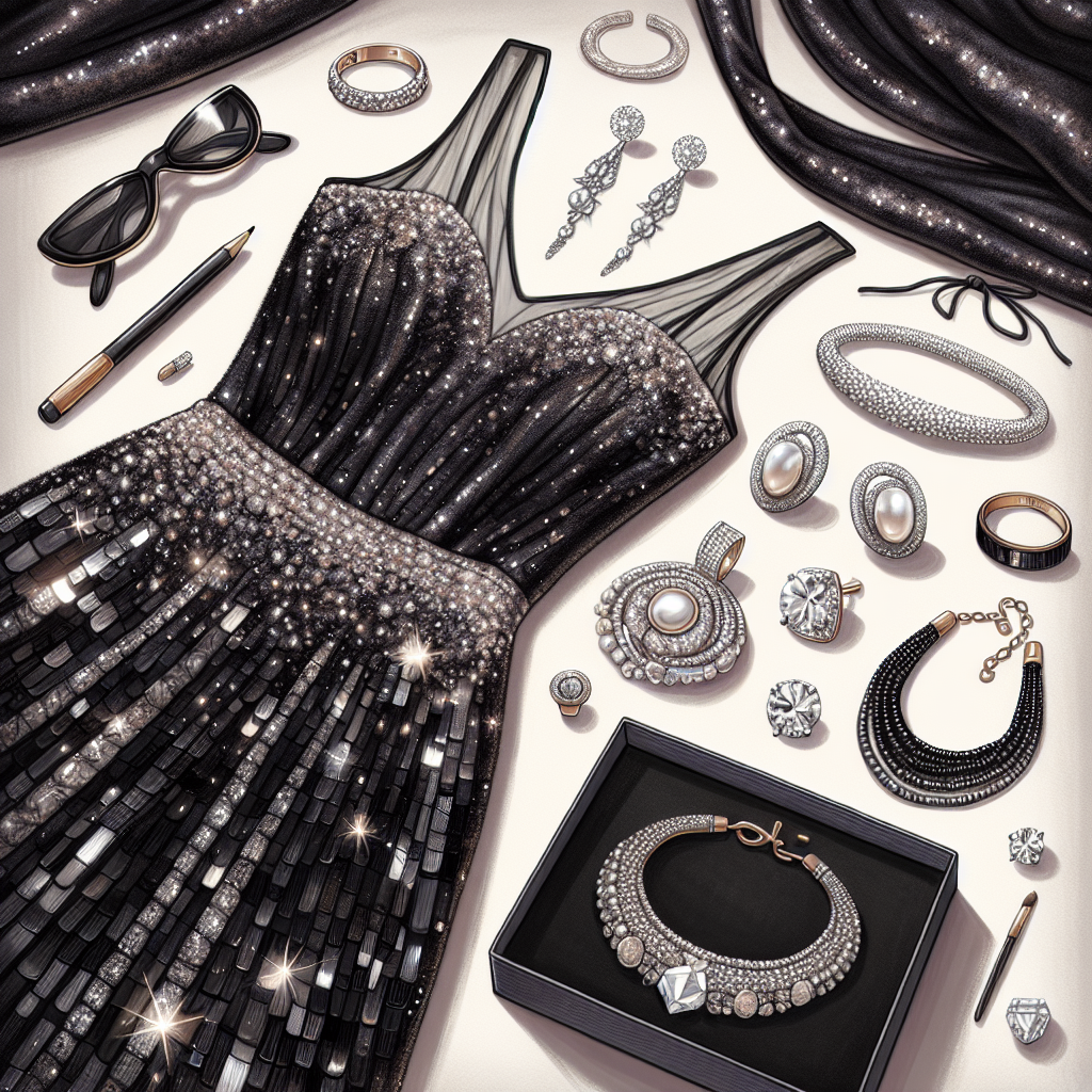 Create a detailed illustration that showcases a range of stunning jewelry options ideally suited for a black sequin dress. Include a variety of pieces, such as diamond-studded earrings, a luxurious pearl necklace, a modern silver bracelet, and an avant-garde gold finger ring. Arrange these jewels against a soft velvet background that contrasts beautifully with the shimmering sequin dress draped alongside. Make the jewelry sparkle brilliantly, capturing the way they would accentuate the dress.