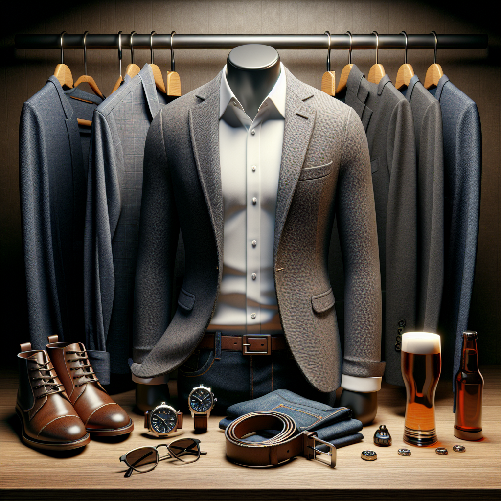 What to Wear to a Pub: Effortless Male Style Guide Render an array of clothing items for a stylish man planning to visit a pub. Include a smart casual blazer, a crisp white shirt and a pair of dark jeans. Add a pair of brown leather boots and a matching brown leather belt. Throw in a stylish wristwatch. The backdrop should be a neat wooden shelf, with a subdued ambient lighting. Distribute these items creatively, hinting at an effortless combination of taste and comfort. As a finishing touch, scatter a few unopened bottles of craft beer and a pair of stylish sunglasses on the shelf.