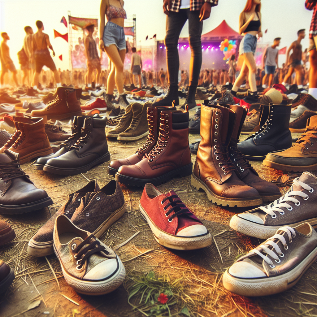 Essential Festival Shoes: Find Your Perfect Pair! Visualize an outdoor summer music festival setting with scattered pairs of various types of shoes considered essential for festival-goers. Include a diverse range of shoe styles such as sturdy boots, comfortable sneakers, and chic sandals, strategically placed on the ground amidst vibrant festival decorations and lively crowd in the background. Highlight the diverse range of shoes in various sizes and colors belonging to people from all walks of life. Make sure the shoes exude the traits of durability, comfort, and fashion-forwardness.