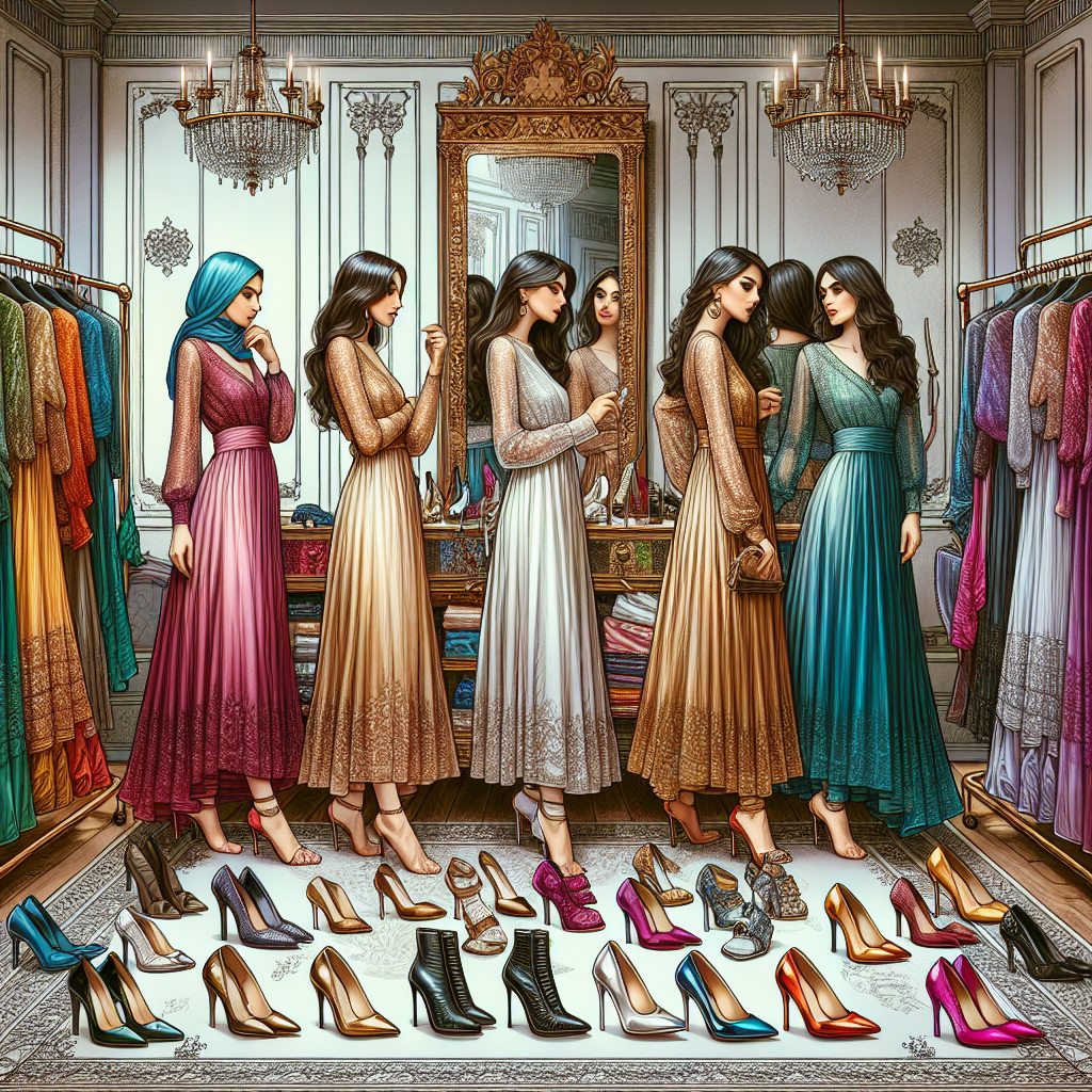 Create an intricately detailed scene of a chic fashion boutique showcasing a range of stunning shoe styles specifically designed to compliment long-sleeve dresses. Include a diverse assortment of shoe styles including stilettos, kitten heels, ankle boots, and ballet flats. Display them on an elegant rack against a backdrop of luxurious long-sleeve dresses in a rainbow of colors and various materials like silk, satin, and velvet. Also, show three women of different descents: a Middle-Eastern woman, a Hispanic woman, and a South Asian woman, each trying on a different shoe style and looking at their reflection in vintage-style full-length mirrors.