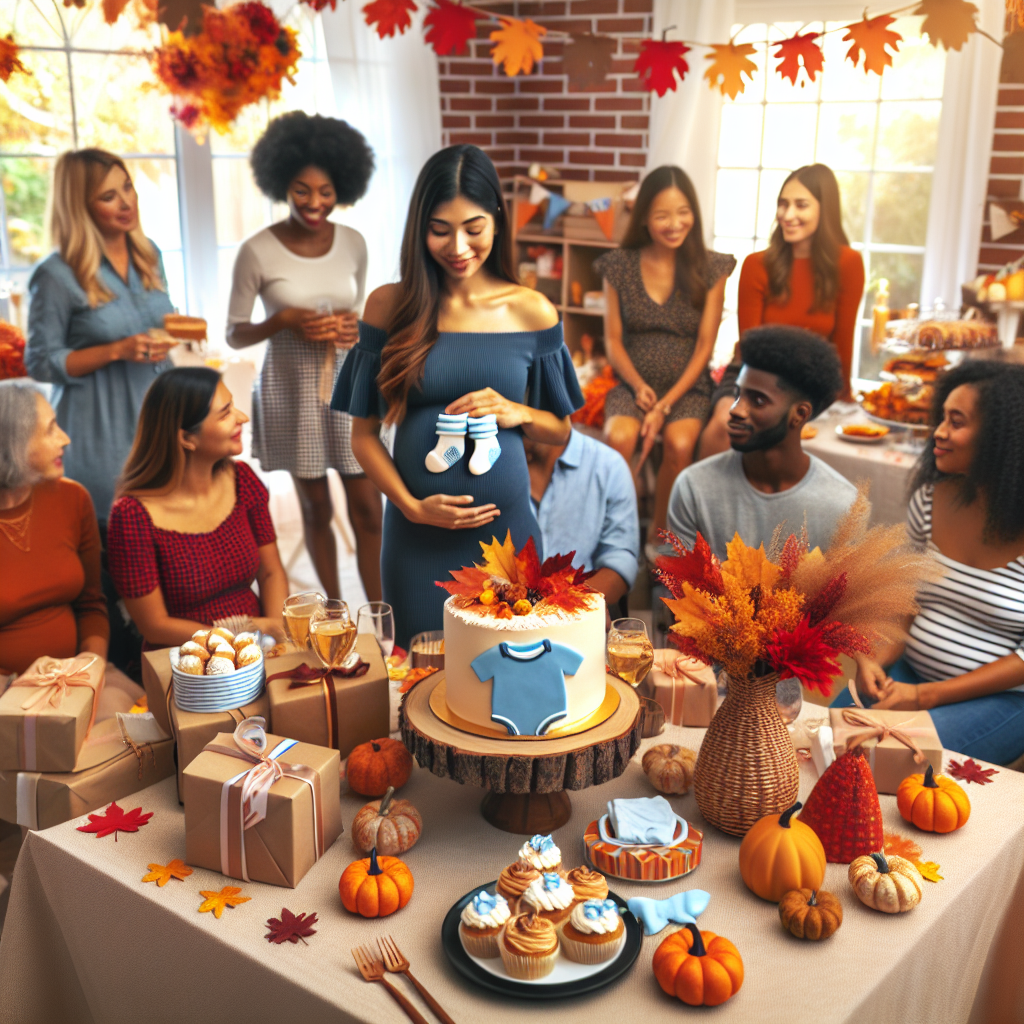 Must-Have Styles for a November Baby Shower Picture a lovely indoor baby shower setting adorned to welcome a November baby. The room is tastefully decorated with autumnal themes - vibrant leaves in hues of orange, red, and yellow, pumpkins, and cornucopias. There's a cake, with booties and bib designed frosting, placed on a table that is laden with fall-themed snacks and drinks. Friends and family members of diverse descents and gender, perhaps some are Hispanic women, Middle-Eastern men, South Asian women, and Black men, are engaged in cheerful conversations and games. The mother-to-be, an Asian woman, is seated, unwrapping the tower of gifts.