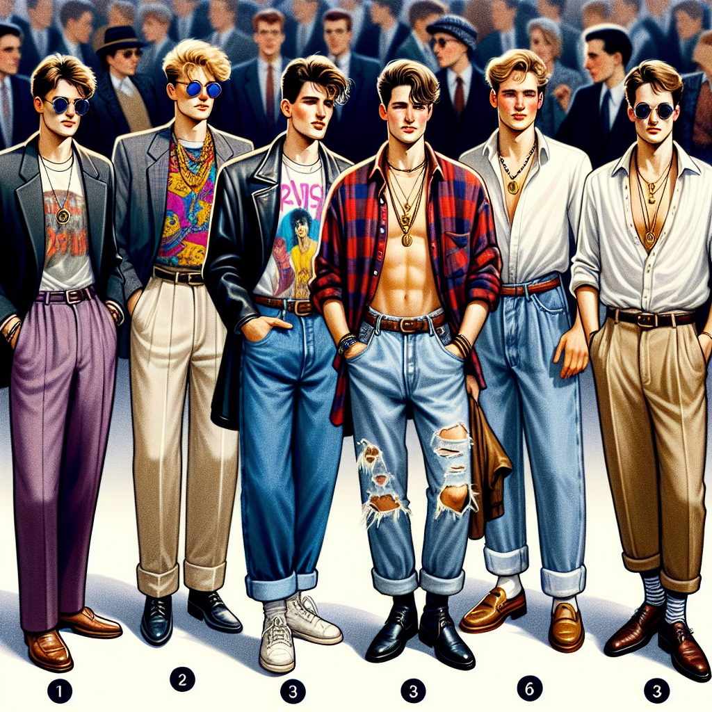 Imagine attending a party in the 1990s. Men are dressed in the effortlessly fashionable style typical of this era. Several outfits stand out: One man donned a classic baggy jeans with a vibrant band shirt and a slick leather jacket. Another opted for oversized plaid shirts, worn over loose-fitting white t-shirts, paired with bleached, torn jeans and grunge-era boots. A third man chose a preppy look-- a clean-cut sports coat over a colored shirt, with chinos and shiny loafer shoes. Gracing their necks are pendant necklaces while sunglasses perch on the brim of their caps or tucked into their shirt collars.