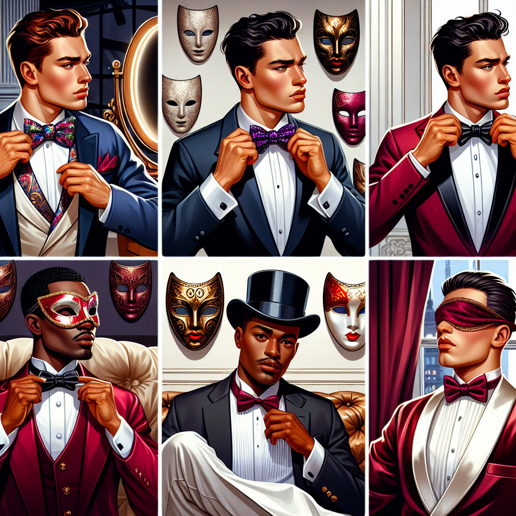 Stunning Broadway Show Styles for Men: Must-See Looks! Depict an array of fashionable men preparing for a Broadway show. Image 1: A confident, Caucasian man adjusting his vibrant, jeweled cuff-links on a navy tuxedo, gazing in a vanity mirror, a mask hanging on the wall behind him. Image 2: A charismatic, Black man fitting a top hat onto his short, curly hair, his crimson velvet waistcoat catching the light. Image 3: A charismatic, Middle-Eastern man focusing as he ties a dramatic, flamboyant bow tie, his white satin suit neatly laid out on a plush couch behind him. Each has their own unique style, capturing the diversity of Broadway show styles for men.