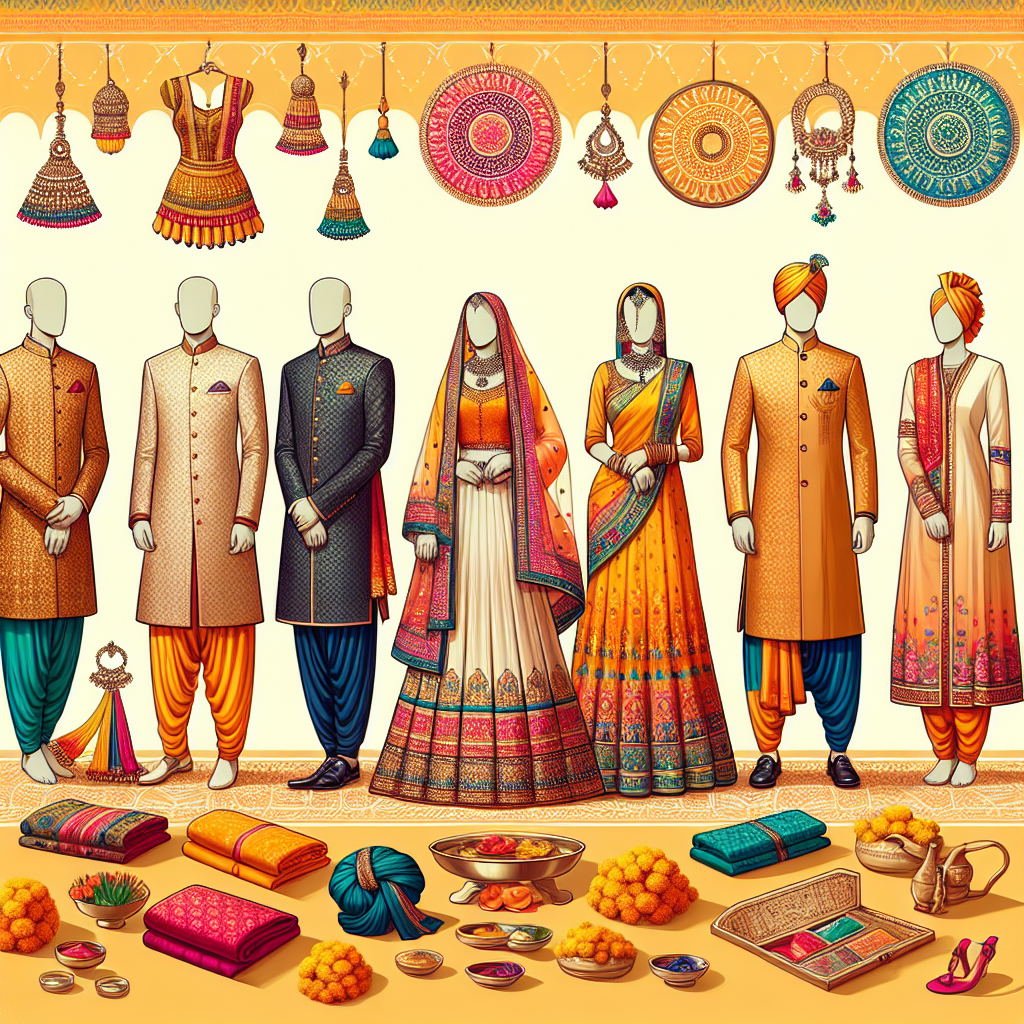 Create a visual representation of various essential clothing items for an Indian wedding. Include three important outfits: for men, traditional Sherwani paired with Jodhpuri trousers and dupatta; for women, a vibrant Saree featuring intricate details and jewelry; and for non-binary individuals, Anarkali suit notably detailed and vibrant. Demarcate each ensemble with accessories such as Jutis, Kundan jewelry, and Turbans. All these must be showcased in vibrantly colored settings with a backdrop of cultural elements from India, like marigold flowers and traditional motifs. Do not include any individuals wearing these outfits.