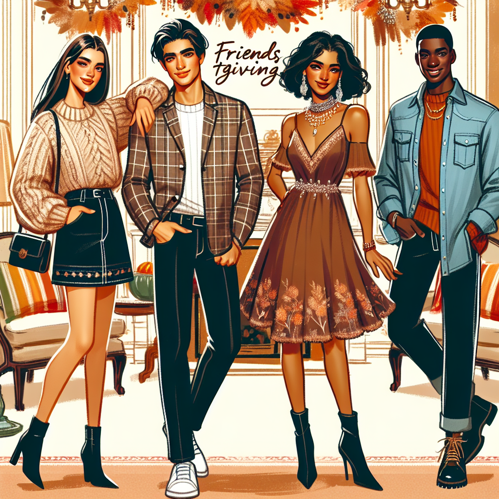 A vibrant fashion illustration showcasing four individuals of diverse descent and gender, dressed in the stunning Friendsgiving outfits, exuding effortless style and casual elegance. The first person, a Caucasian female, wears a cozy knitted sweater and jeans. The second person, a South Asian male, is in a plaid shirt and khaki chinos. The third, a Hispanic female, is in an autumn-toned dress with tasteful jewellery. Lastly, the Black male is in a denim jacket and stylish boots. They cheerfully interact in a room with warm, festive decoration, embodying the intimate spirit of Friendsgiving.