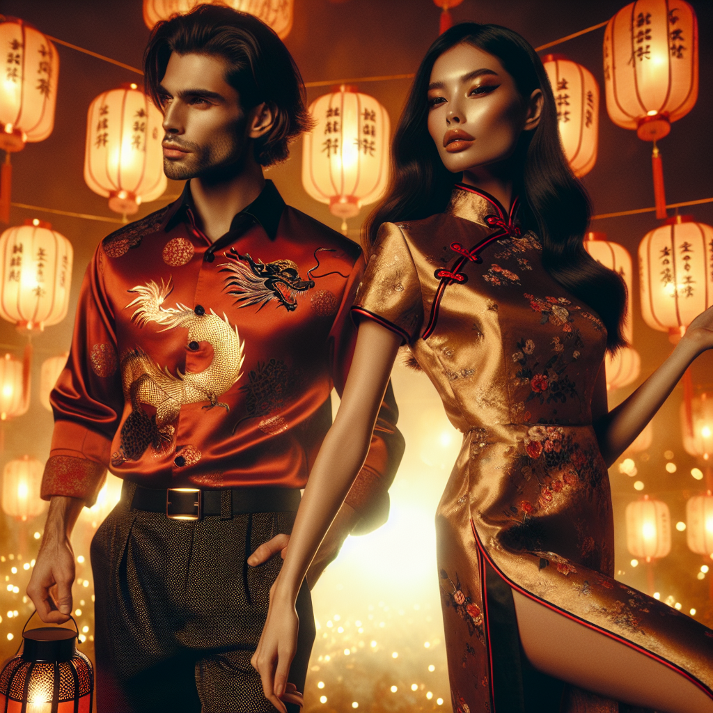 Lunar New Year Outfits: Stunning, Effortless Styles A warm, vivacious scene capturing the essence of Lunar New Year celebrations. Delve into the exploration of fashion with a display of stunning, effortless styles. Imagine a Middle Eastern man and Hispanic woman flaunting modern attire inspired by traditional Lunar New Year motifs. The man wears a red silk shirt, intricately patterned with golden dragons, paired with black trousers. He holds a lantern in his hand. The woman is in a chic golden cheongsam dress with delicate floral designs. Both exuding confidence and mirth, set against a backdrop of luminous lanterns illuminating the night sky.