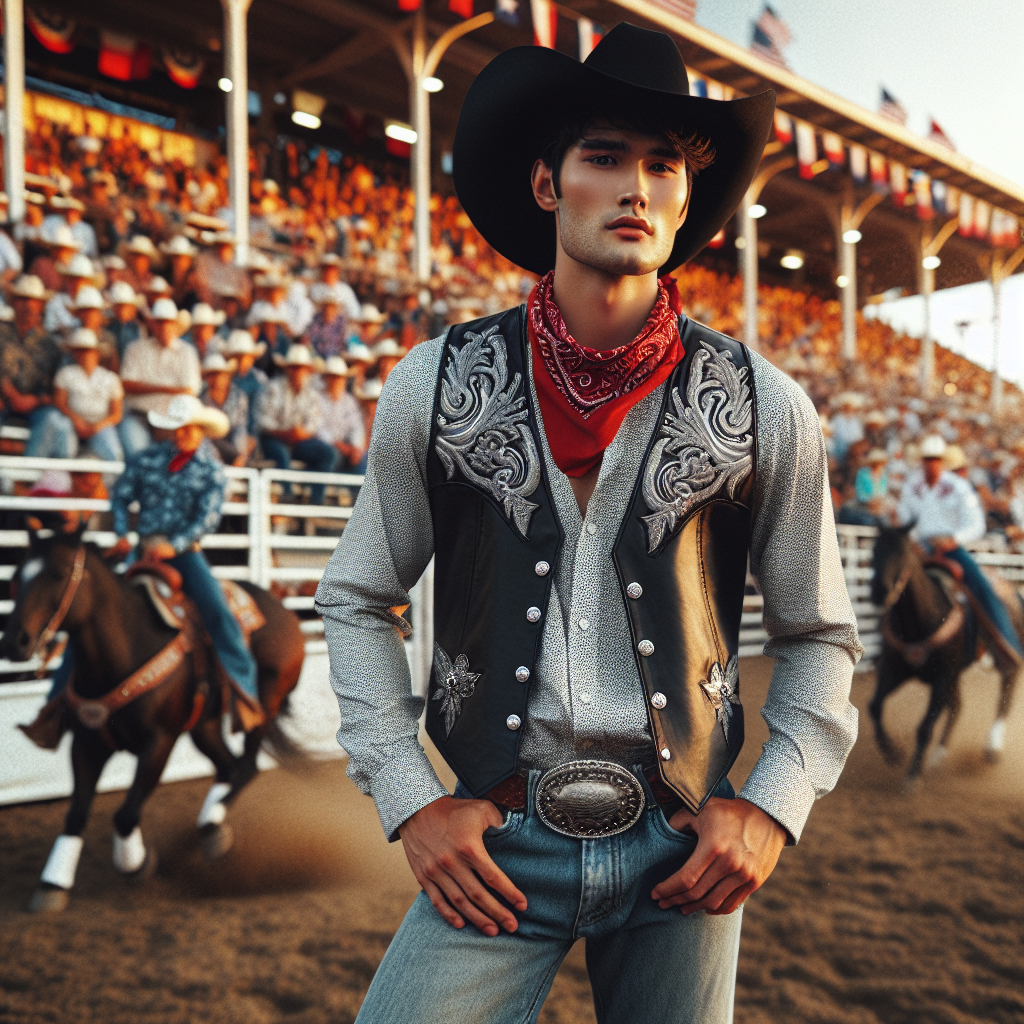 Must-Have Rodeo Styles Over White Button-Ups Picture a lively rodeo event. In the foreground, a confident cowboy wearing a stylish Texan outfit with a red bandana around his neck. He is wearing a neat white button-up shirt with a unique rodeo style black leather vest embellished with silver accents, over the shirt. The East Asian cowboy also wears stone-washed blue jeans that comfortably sit atop his well-polished black cowboy boots. The backdrop is filled with a vibrant scene of the rodeo; grandstand filled with cheering spectators, fellow cowboys and cowgirls in traditional attire, and the energy of competitive rodeo sports swirling in the air. The sun is slowly setting and casts a warm golden glow over the event.