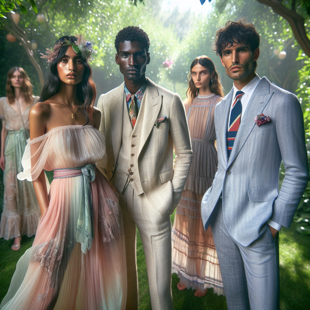 Unlock Stunning June Wedding Outfits: Effortless Style Visualize a luminous summer scene set outdoors in a verdant garden. In view are numerous people, each of them dressed exceptionally. Focus on three persons. The first is a Middle-Eastern woman wearing an ensemble in hues of soft pastels with a flowing chiffon dress, accessorized with a floral headpiece. Second is a Black man adorning a tailored linen suit in a subtle shade of beige, punctuated with a vibrant tie. Lastly, a Hispanic man is seen in a navy-blue sailor-inspired suit with a refreshing, crisp white shirt underneath. The atmosphere evokes an aura of effortless elegance, perfect for a June wedding.