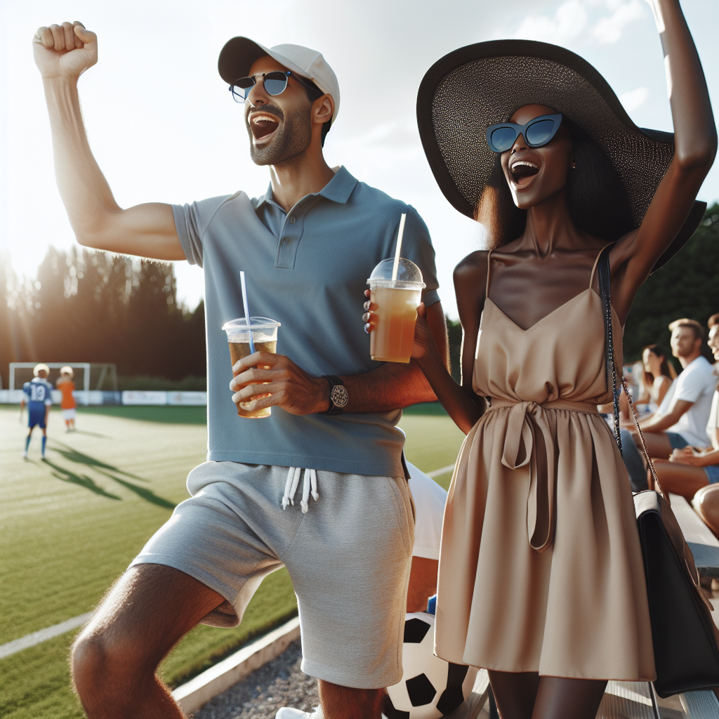 Soccer Game Style: Must-Have Looks for Parents Imagine an outdoor scene at a local soccer game on a sunny day. Two parents are cheering enthusiastically. The first parent, a Middle-Eastern man, is comfortably dressed in casual, sporty attire. Highlight his polo shirt, sport shorts, and his trendy cap. His hands are up in the air, cheering for his kid. The second parent, a Black woman, is wearing a chic summer dress with a wide-brimmed sun hat and fashionable sunglasses, holding a cool drink in her hand. Appeal to the energy and liveliness of the scene as they cheer on their child playing in the game.