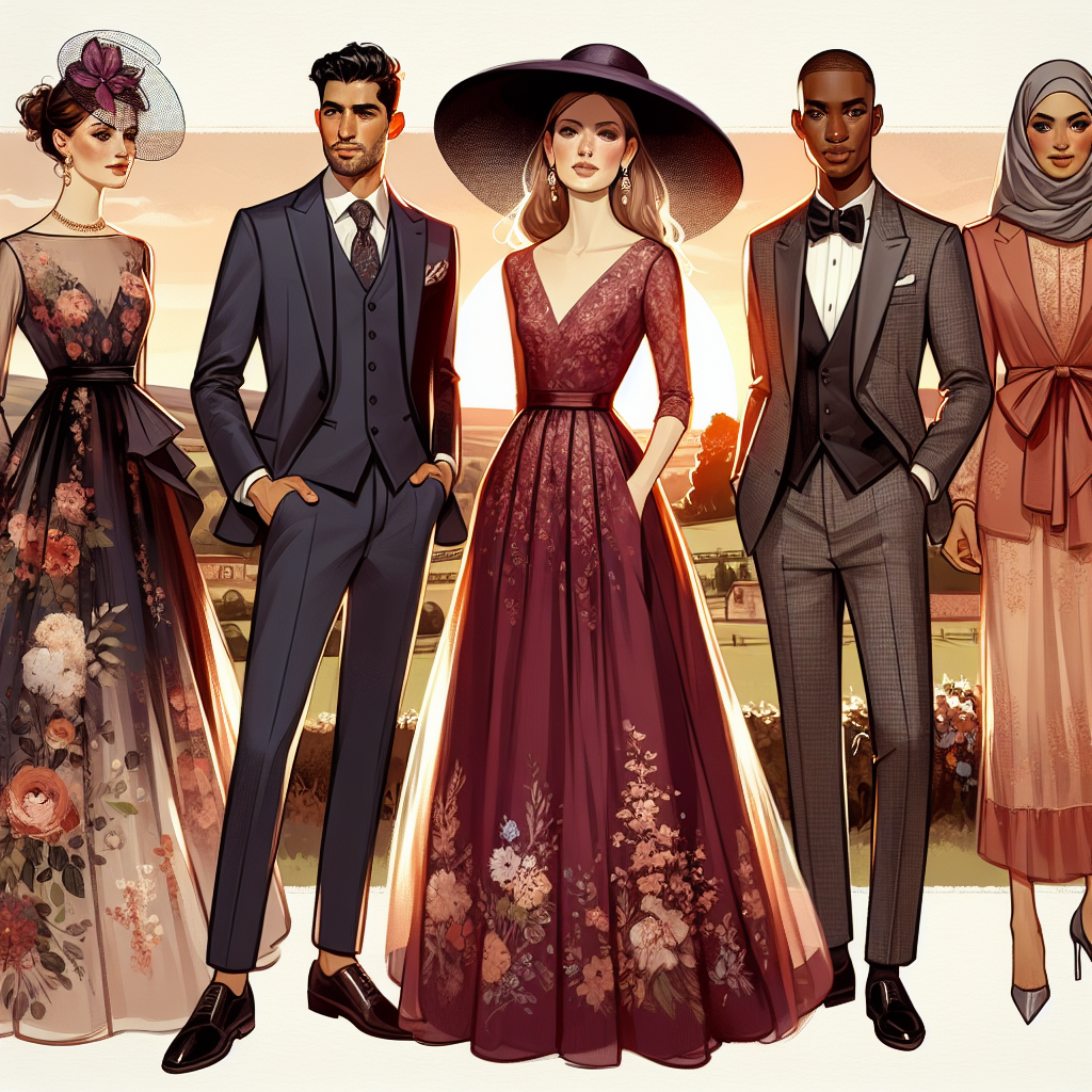 Stunning Guest Attire: Effortless Wedding Outfits An illustration of a diverse array of individuals showcasing stunning guest attire for a wedding. It includes: A Caucasian woman elegantly clad in a flowing floral chiffon dress and matching fascinator hat; a Hispanic man wearing a sharp tailored navy suit and pocket square; a Middle-Eastern woman wearing a burgundy silk ankle-length dress with intricate embroidery; a Black man donning a classic charcoal grey tuxedo with a bow tie. Each of them exudes style, class, and charm. The background is a setting sun over an idyllic countryside wedding venue.