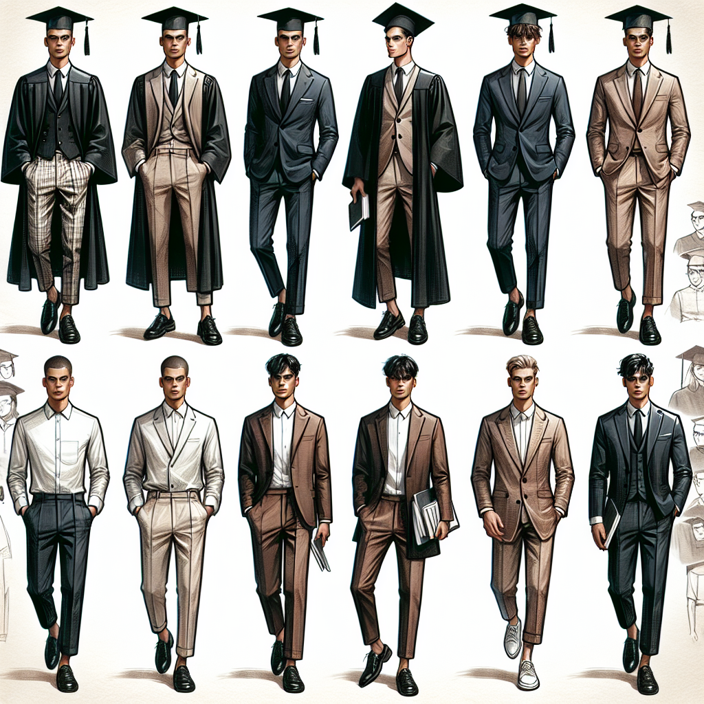 Visualize an assortment of stylish and sophisticated outfits suitable for male college graduates. Imagine an array of apparel, such as elegant black gowns with the universal symbol of education - a square academic cap or mortarboard, stylish suits in neutral tones, crisp linen shirts paired with well-fitted trousers, and perhaps trendy casual attire for the after-party. Exuding a blend of tradition and modernity, these runway-worthy outfits showcase men from a diverse range of descents, including Hispanic, African-American, Caucasian, and Middle-Eastern graduates, confidently attending their graduation ceremonies.