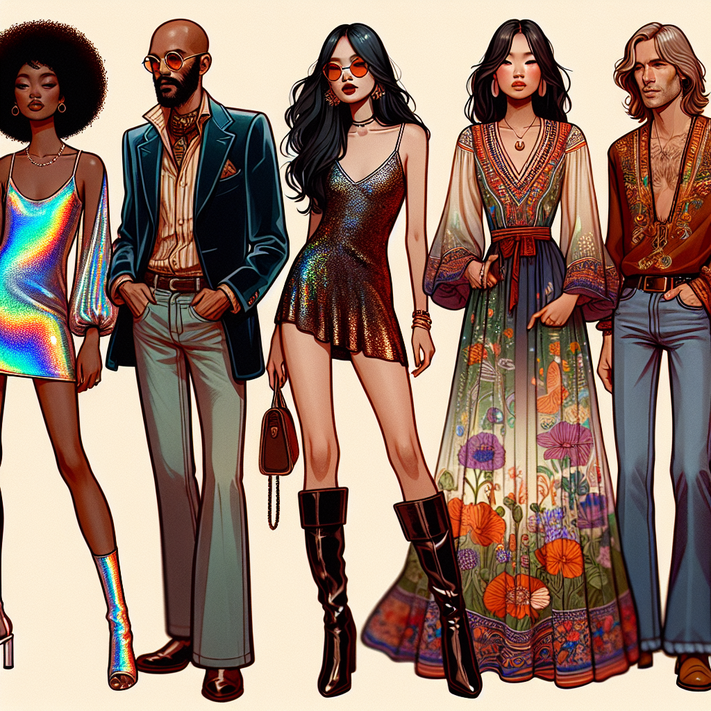 Visualize a range of fashion styles that are appropriate for a vibrant music concert. These could include a young Black woman in a  chic, holographic mini-dress, an older Middle-Eastern man in a suave velvet blazer and bootcut jeans, and an East Asian woman in an elegant, hippie-inspired maxi dress adorned with colorful, ethereal patterns, reflecting the energetic and soulful atmosphere of the music event. Representation of a diverse audience is key in this image, showcasing unique styles from vintage to modern, aligning with the lively and eclectic vibe of the concert.