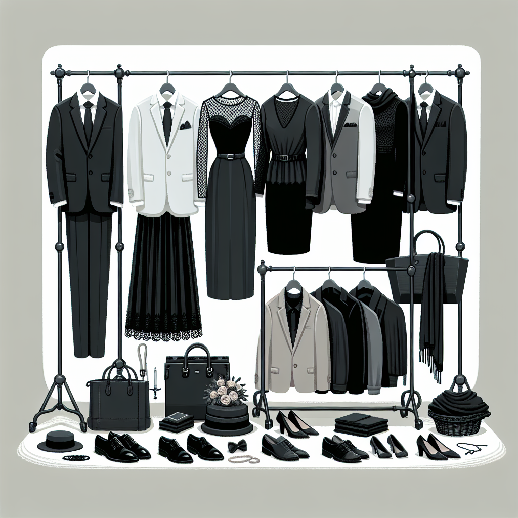An illustration of a clothing rack with multiple outfit options for a funeral. On the rack, display a variety of clothing items with a neutral color theme such as black, gray, and white showing the appropriate funeral dress code. Include different types of garments such as formal suits for a Caucasian male and a black dress for a Hispanic female. Also showcase some essential accessories like black dress shoes for a Middle-Eastern man, a black purse for a South Asian woman, and a dark-colored, discreet jewelry for a white woman. Remember to keep the atmosphere somber and respectful.