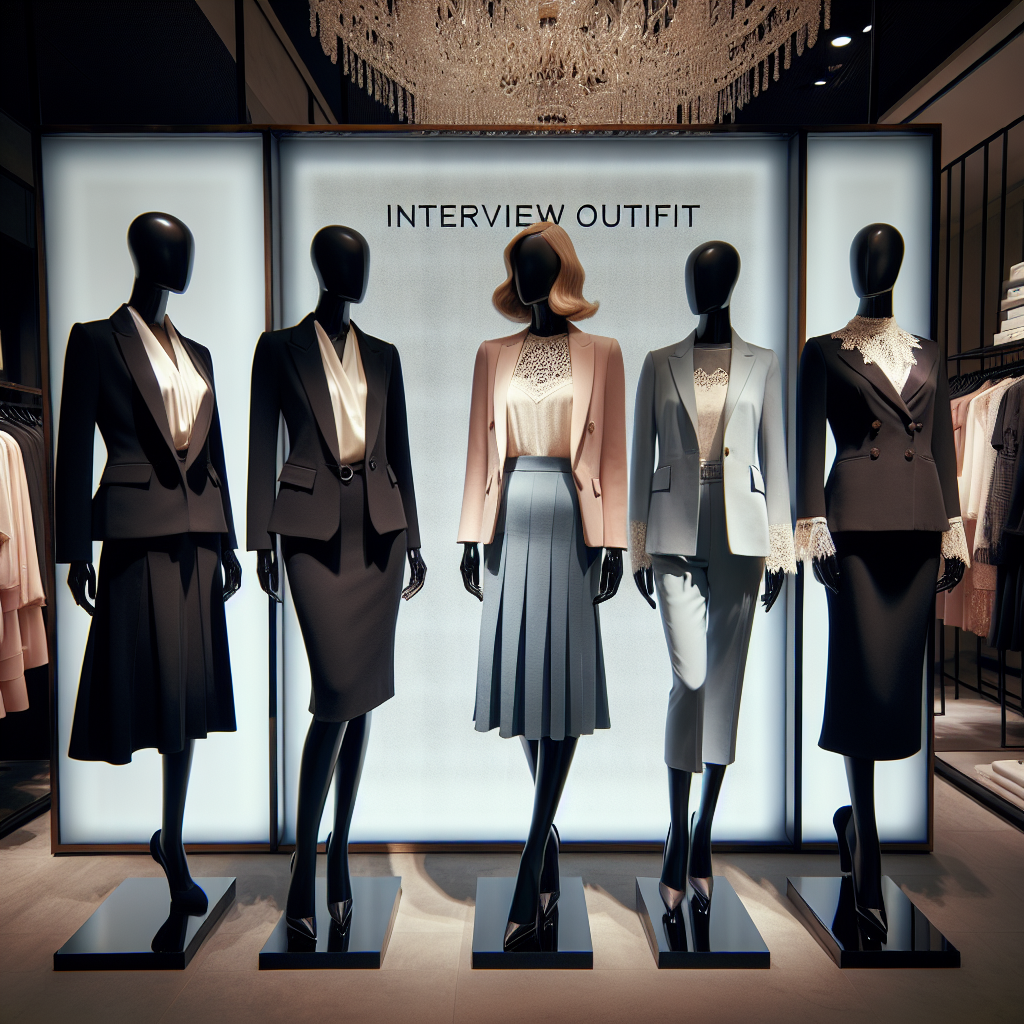 A well illuminated boutique showcasing various sophisticated interview outfit ideas for women. On the left, there's a mannequin styled in a modern, sharp black suit, featuring a tailored blazer worn over a refined white blouse, paired with sleek black trousers. It's accessorized with elegant silver jewelry. Central is a mannequin donning a fitted blue sheath dress complemented with a pastel pink blazer, adding a feminine twist to the corporate look. Finally, on the right, a display of a two-tone pencil skirt paired with a lace-trimmed cream blouse for a fashionable yet professional aesthetic. The attire denotes empowerment and professionalism.