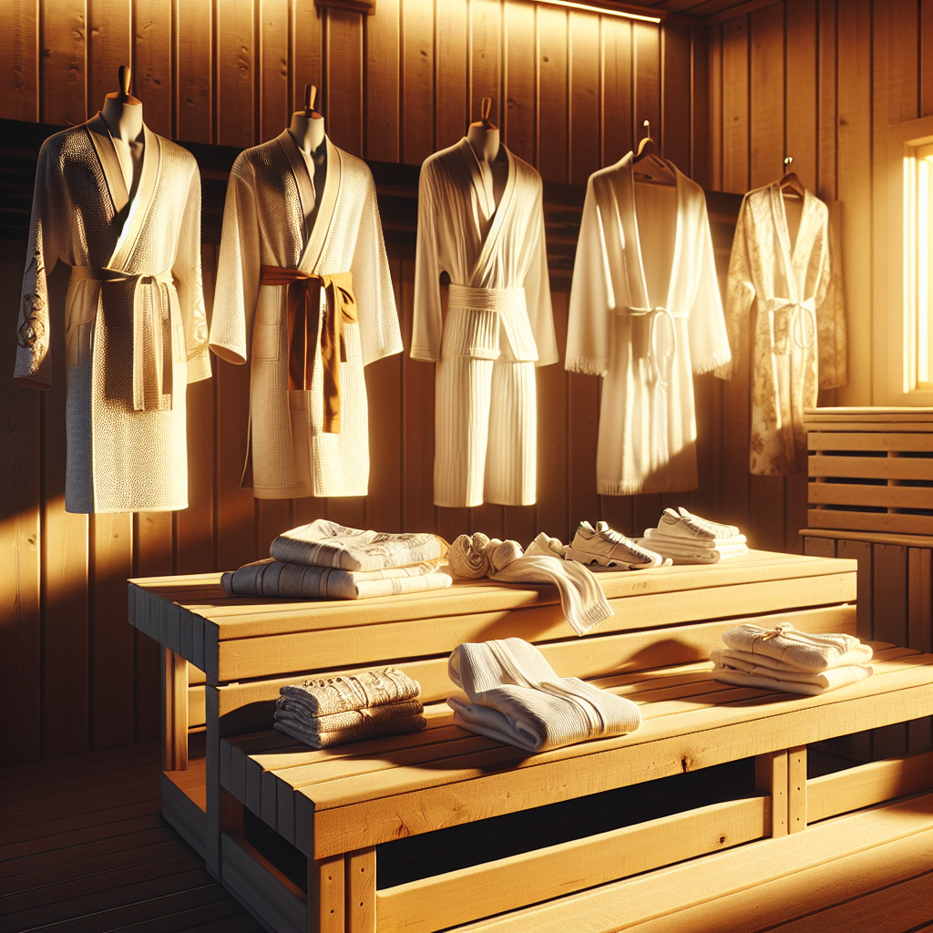 Stunning Sauna Outfits: Top Picks for Comfort & Style Imagine an untouched sauna room bathed in warm golden light. In the foreground, a wooden bench displays diverse sauna outfits perfectly laid out. On one side, a luxurious white cotton robe, soft and plush, designed for optimal comfort. Beside it, a traditional Finish bathing suit, simple yet stylish, reflecting deep cultural heritage. On the other side, a modern unisex sweat-absorbing outfit is displayed, practical and trendy. In the far corner, there's an eco-friendly outfit, made from recycled materials, sending a clear message about sustainability. Every outfit is carefully chosen for comfort and style, catering to diverse sauna-goers' preferences.