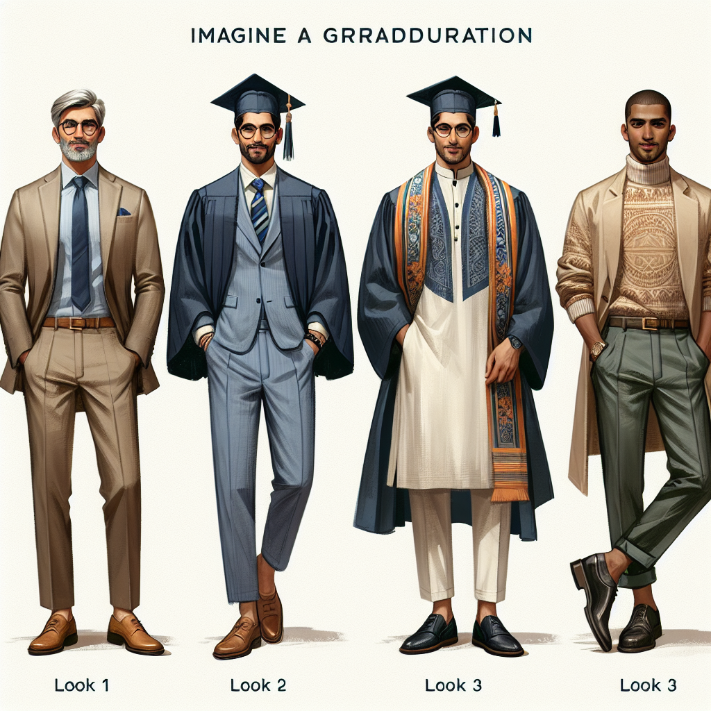 Imagine a fashion guide themed on a graduation ceremony. We see a series of stylish, well-fitted looks specifically tailored for fathers of different descents attending their child's graduation. Look one, a middle-aged Caucasian father in a sleek navy-blue suit paired with a light blue shirt and a bold striped tie, giving an aura of elegance. Look two, a South Asian dad rocking a traditional Kurta and Dupatta, showcasing cultural heritage. Look three, an athletic build, Black dad wearing a stylish khaki suit complemented with a turtleneck sweater, exuding an effortless charm. The aim is to inspire and guide fathers on how to look their best for this important milestone.