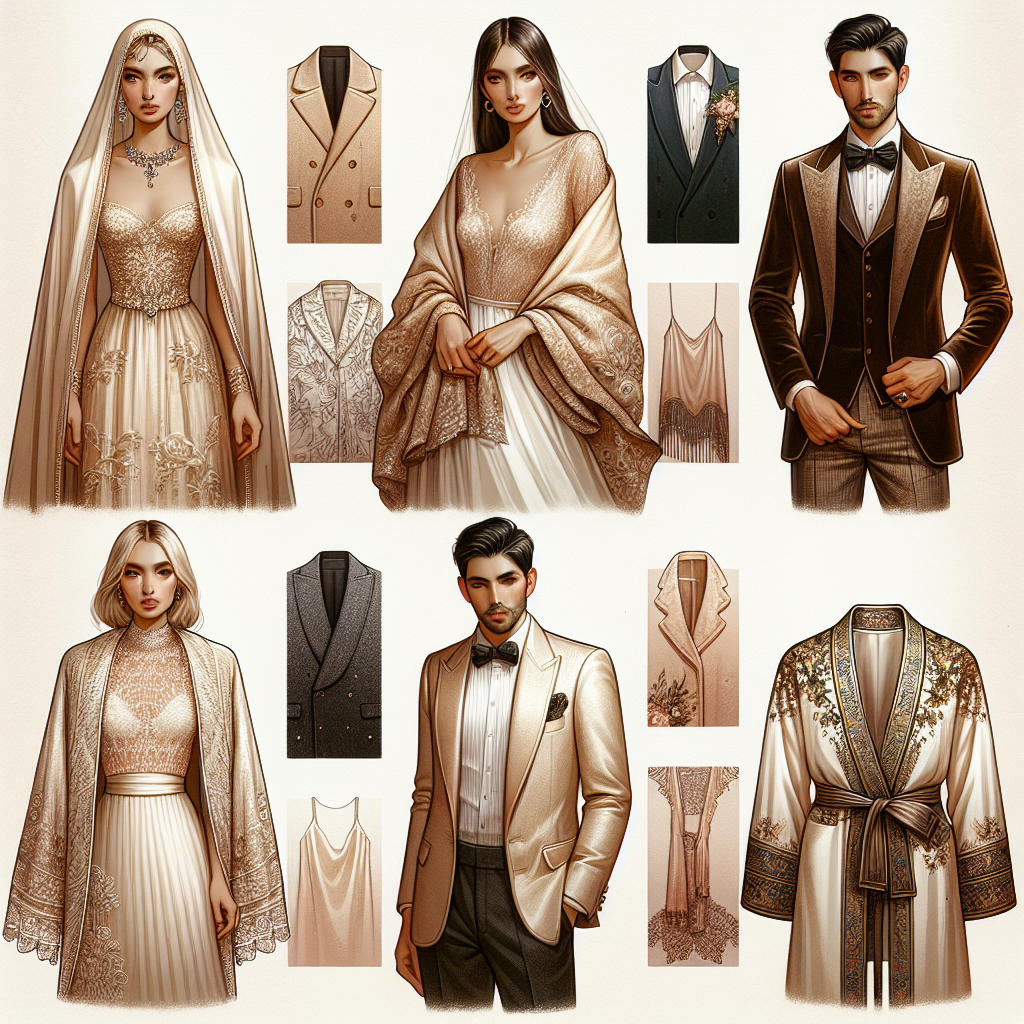 Design a sophisticated and classic collage portraying a variety of wedding guest cover-ups situated on an elegant background. These could include a light champagne-colored pashmina worn by a South Asian woman, a sleek velvet jacket sported by a Caucasian man, an intricate lace bolero on a Hispanic woman, and a silk embroidered kimono draped over a Middle-Eastern man. Arrange these items harmoniously into an aesthetically pleasing layout, creating a descriptive illustration for must-have cover-ups for wedding guests.