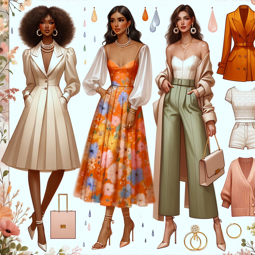 Imagine a collage showcasing various must-have outfits for March bridal showers. This includes, first, an elegant beige dress suit worn by a Middle-Eastern woman, with a white satin blouse underneath and pearl accessories. Second, visualize a vibrant, orange floral midi dress adorned by a Black woman paired with nude heels and statement gold jewelry. Third, observe a Hispanic woman wearing a chic green jumpsuit accessorized with silver hoops and delicate bracelets. Fourth, picture a white woman in a blush-colored wool-blend coat with a feminine scarf draped around the neck. All elements displayed against a background of pastel spring flowers and light raindrops to signify the March ambiance.