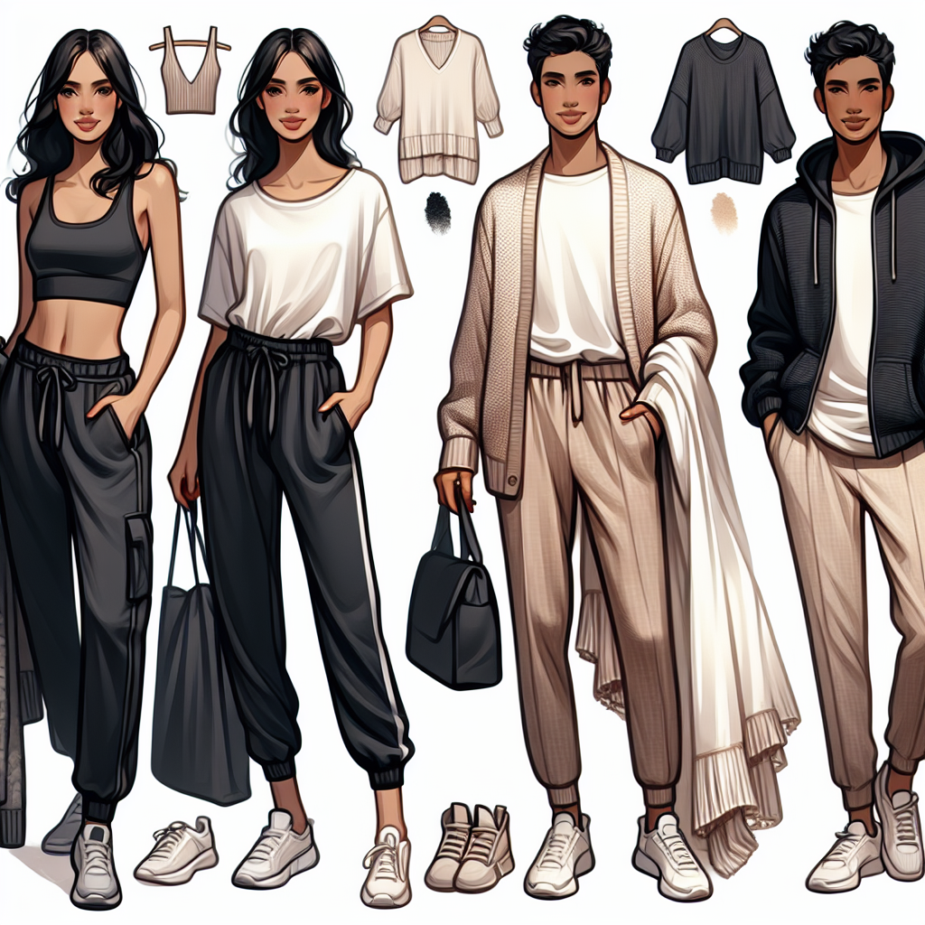 Must-Have Outfits for Long Haul Flights: Comfort Meets Style An illustration showcasing several must-have outfits for long haul flights. Outfit one is a chic black athletic outfit worn by a Caucasian woman, consisting of jogger sweatpants, a cozy fleece jacket, and a comfortable white t-shirt. Outfit two, exhibited by a Hispanic man, includes stretchy jeans, a soft cotton t-shirt, and a lightweight cardigan. Outfit three modelled by an Asian woman includes loose-fitting linen trousers, a soft cashmere sweater, and a flowy chiffon scarf. Outfit four consists of stylish sweatpants and a hooded sweater, presented by a Black man. All outfits exude comfort and style, ready for a long journey.