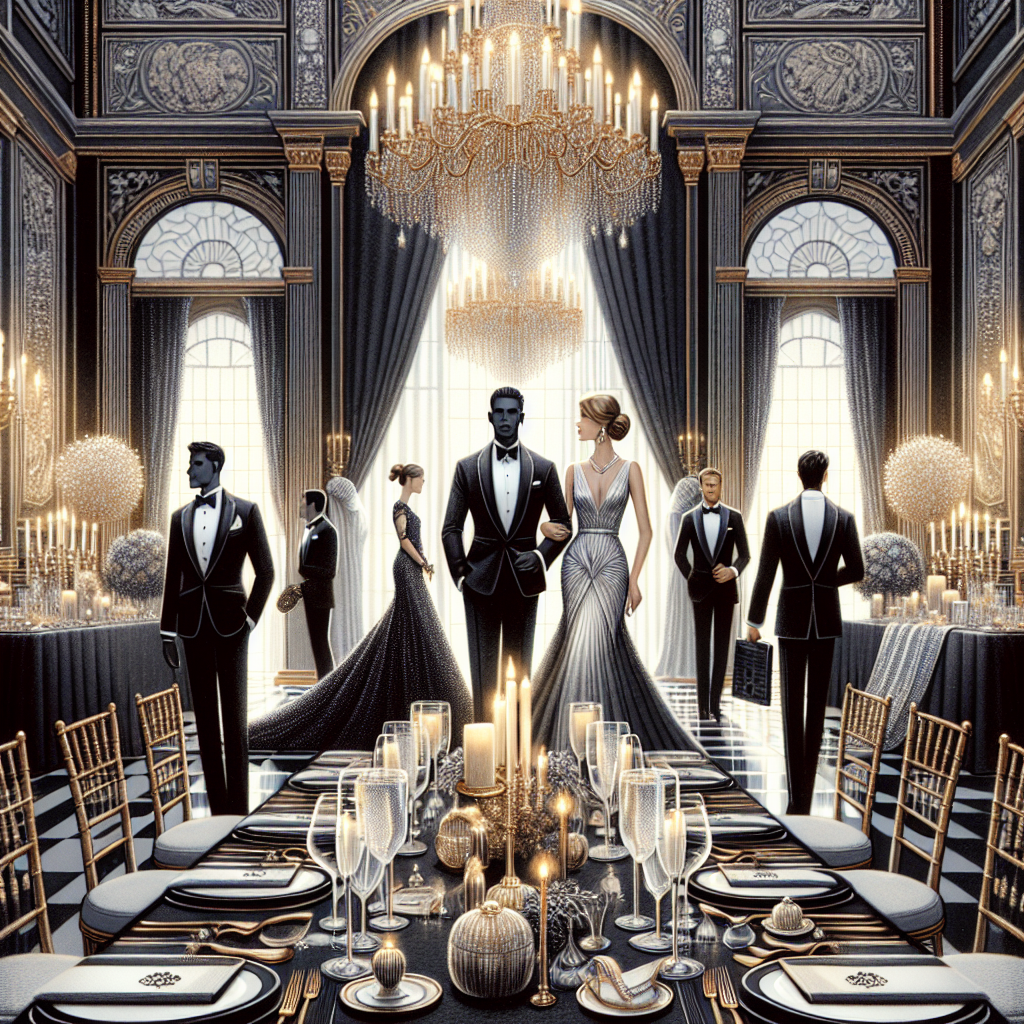 Visualize a luxury indoor setting where a black tie wedding is taking place. Focus on a few must-have style elements: elegantly dressed figures of different descents and genders mingling, showcasing their formal attire. A South Asian man is in an immaculate tuxedo, a Hispanic woman in a graceful evening gown. There's an array of sophisticated accessories, sparkling cufflinks, posh clutches and tasteful jewelry. A grand chandelier hovers above, casting a soft glow on the scene. In the background, there's a beautifully set dining table laden with exquisite silverware and crystal glassware. The overarching color palette reflects classic black and white tones enhanced by rich golden accents.