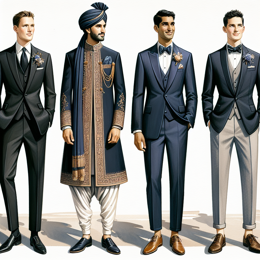 Wedding Guest Attire for Men: Dazzle in Style! A detailed fashion guide for wedding guest attire for men. The scene depicts four stylishly dressed men of varied descents: See a Caucasian man in a traditional black suit and tie contrasted with a Middle-Eastern man showcasing a sherwani; an Asian man in a midnight blue tuxedo and a Hispanic man outfitted in a semi-formal blazer with chinos. These styles capture the essence of elegance and sophistication, accessorized with appropriate ties, pocket squares, shoes, and boutonnieres. Each man embodies a unique identity through his respective attire, setting the trend for dazzling wedding fashion.