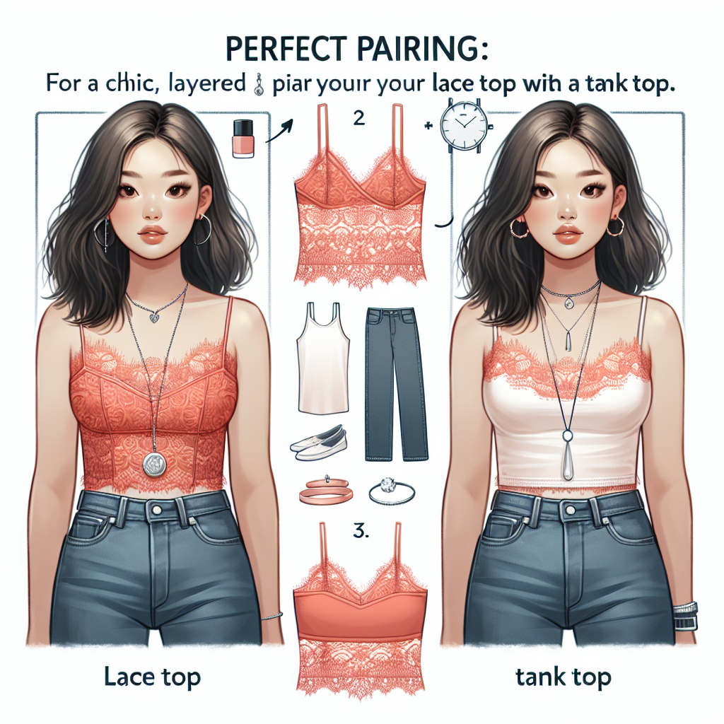 An informative fashion scene demonstrating what to wear under a lace top. Depict an Asian female fashion model with a coral lace top, underneath which you can see a white tank top. To avoid nudity, she is also wearing jeans. Accessories include a long pendant necklace, small hoop earrings, and a thin wristwatch. Next to her should be a fashion advice text 'Perfect pairing: Lace top and tank top. For a chic, layered look pair your lace top with a tank top.'. The backdrop should be of a minimalist, modern dressing room.