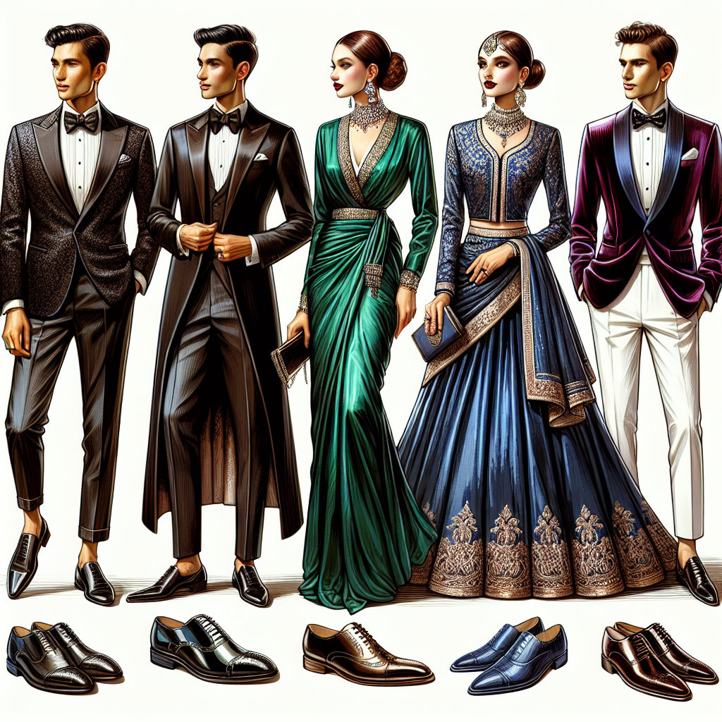 An illustration showcasing a variety of high-end and stylish outfits suitable for prestigious fundraising events. The first outfit is a classic black tuxedo worn by an Asian gentleman, complete with a silk bowtie and patent leather shoes, symbolizing the epitome of male elegance. The second outfit features a Caucasian woman donned in a sophisticated emerald green satin dress, pairing it with diamond jewelry. The third ensemble consists of a South Asian woman in a regal blue designer sari with intricate gold embroidery. While the fourth is a Middle-Eastern man in a maroon velvet blazer and white trousers. Create an ambiance that screams luxury, style, and sophistication.