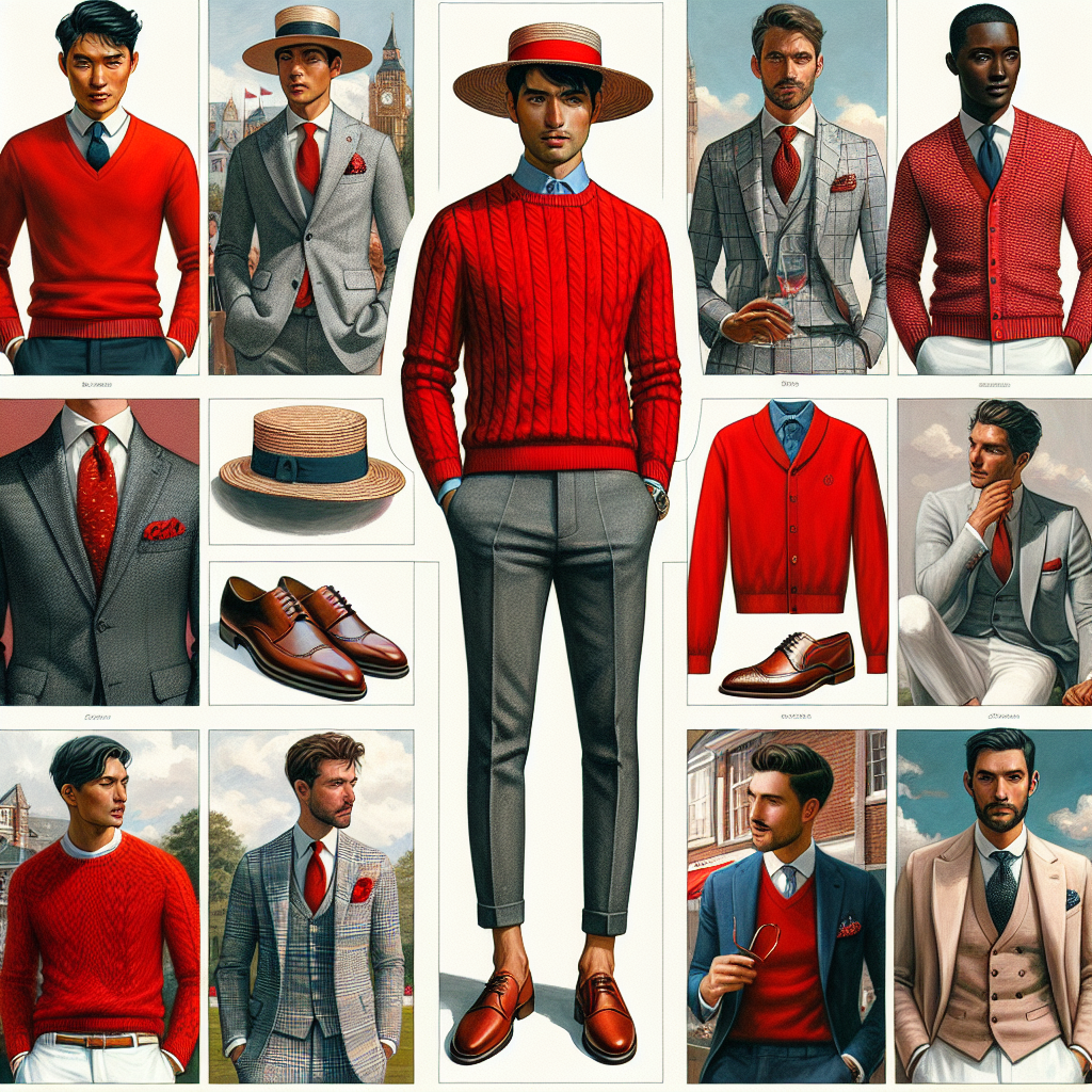 Must-Have Derby Outfits for Men with a Red Sweater A mosaic of fashionable men’s derby day outfits featuring a vibrant red sweater as the central piece. One panel showcases an Asian man donning the red sweater, paired with a grey tweed suit. Another shows a Black man in a similar red sweater, exquisitely teamed with a pair of white chinos and a straw hat. A third section presents a Hispanic man matching the same red sweater with dark wash denim jeans and a blue blazer. In the final panel, a Middle-Eastern man portrays the red sweater with black dress pants and classic brown derby shoes. Accentuating every look are timeless derby hats, pocket squares, and loafers.