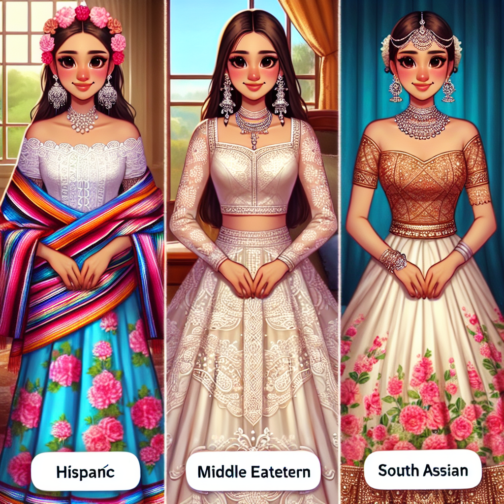 Visualize an array of must-have outfits suitable for attending a friend's Quincea&ntilde;era. Picture three individuals, each representing a different part of the world: one with Hispanic descent wearing a traditional Mexican dress or suit, a person of Middle Eastern descent in a fashionable yet modest attire, and a person of South Asian descent in beautiful Bollywood-style attire. Each outfit radiates its unique cultural touch while being elegant and suitable for the festive occasion. Textiles should range from satin, silk, to lace and embellishments like beads, embroidery, and sequins add to their charm.