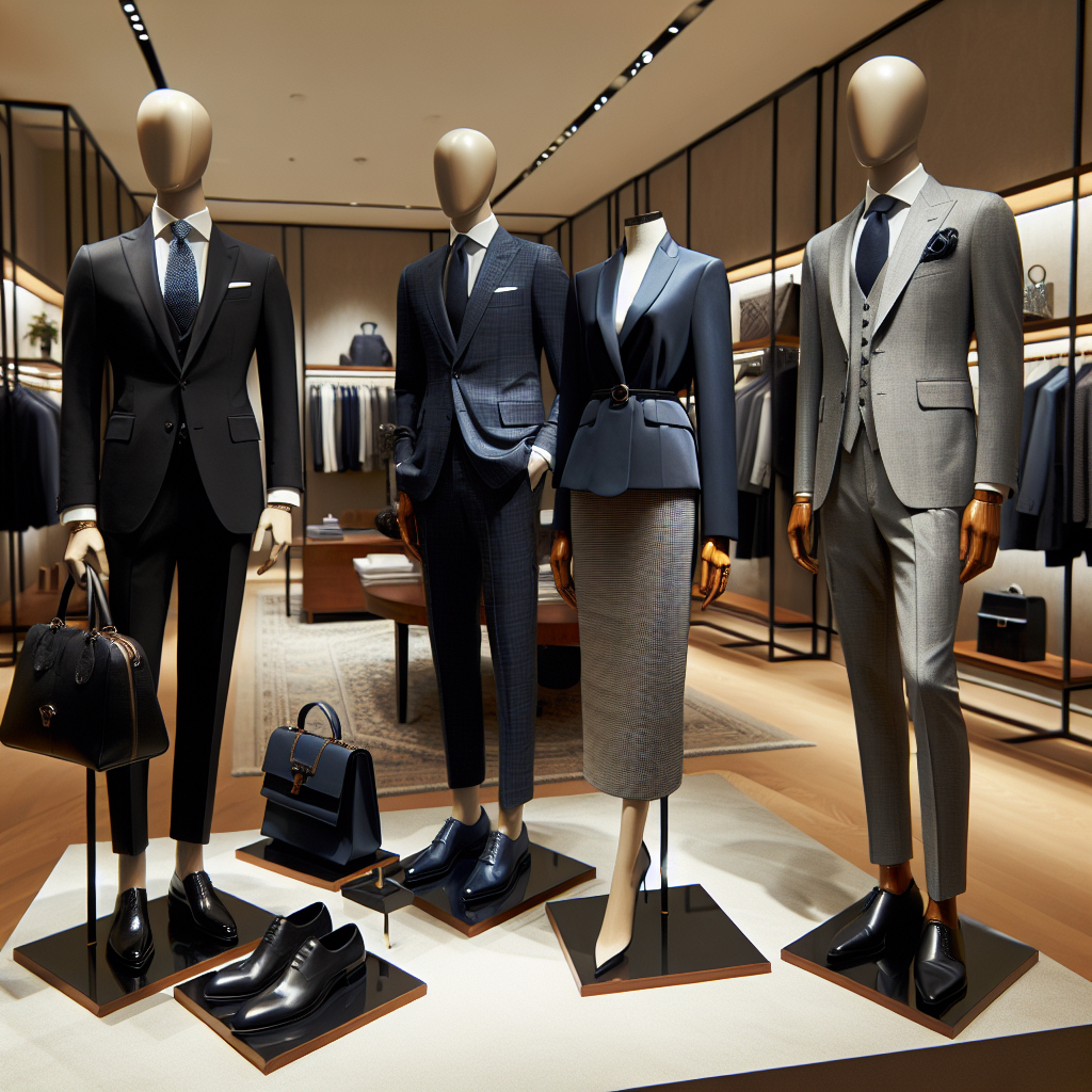 Several high-quality and stylish outfits, suitable for finance interviews, displayed on mannequins. Include a sharp, black suit with a light blue shirt on a South Asian male mannequin, a sleek, navy blazer with a pencil skirt on a Middle-Eastern female mannequin, and a modern, grey 3-piece suit on a Caucasian male mannequin. Accessories like ties, handbags, and shoes should be well-coordinated with the outfits. The setting could be a boutique interior with luxury accents against a neutral backdrop, to give a professional and modern aesthetic.